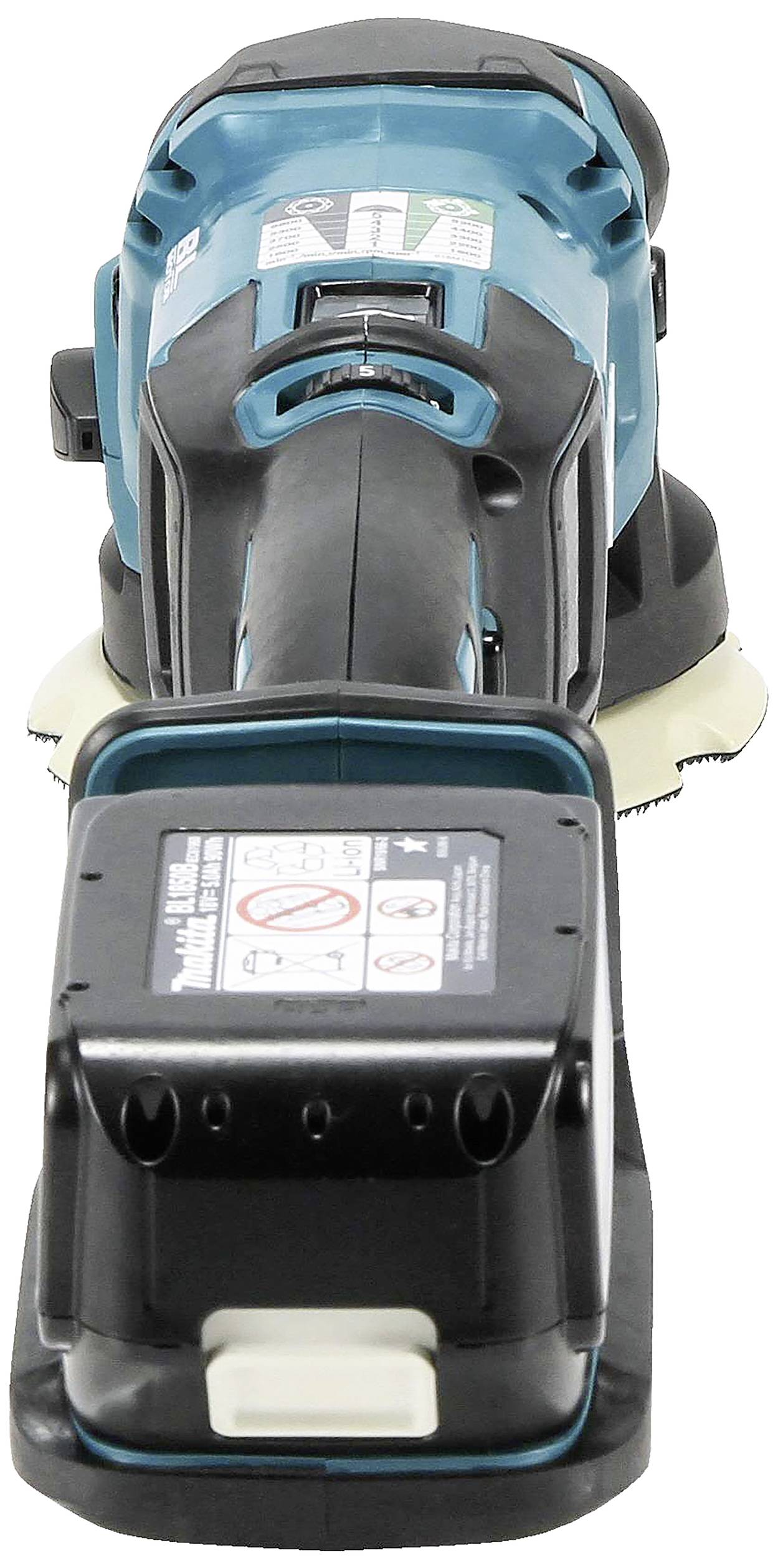 Akku-Poliermaschine mit blau-schwarzem Gehäuse und Sicherheitswarnungen auf dem Akku. Vorderseite und Bedienelemente sind sichtbar.