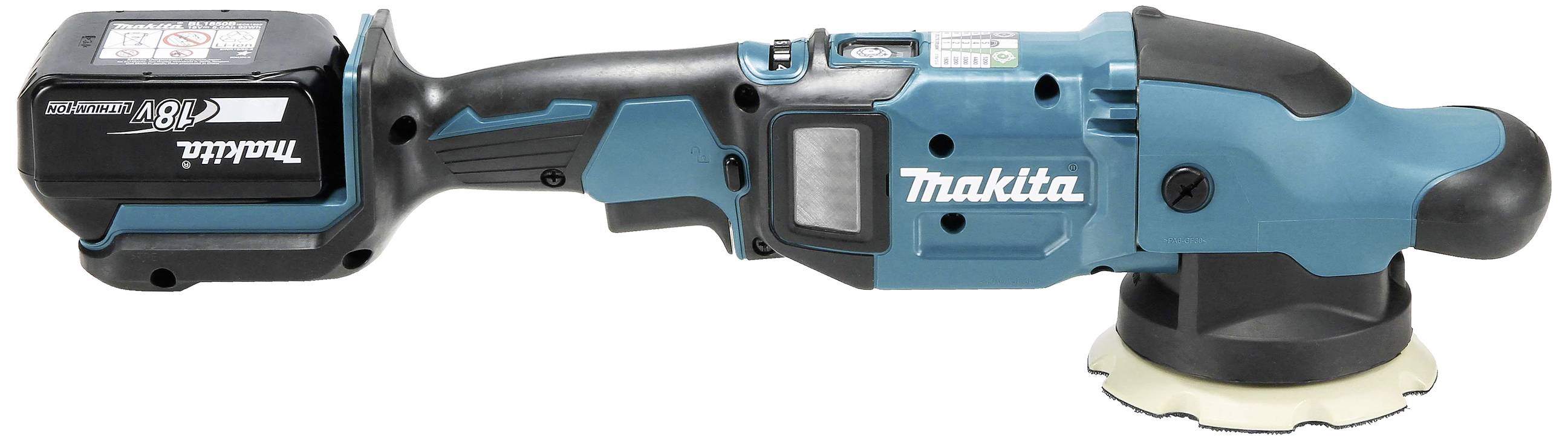 Ein kabelloses, blau-schwarzes Makita Schleifgerät mit Akku, geeignet für Polierarbeiten.