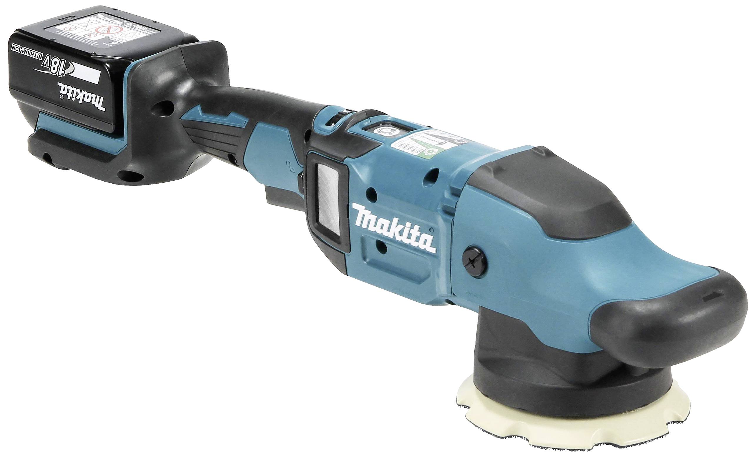 Bild eines kabellosen, blauen Makita-Poliergeräts mit einem Akku an der Rückseite, geeignet für Oberflächenpolitur.