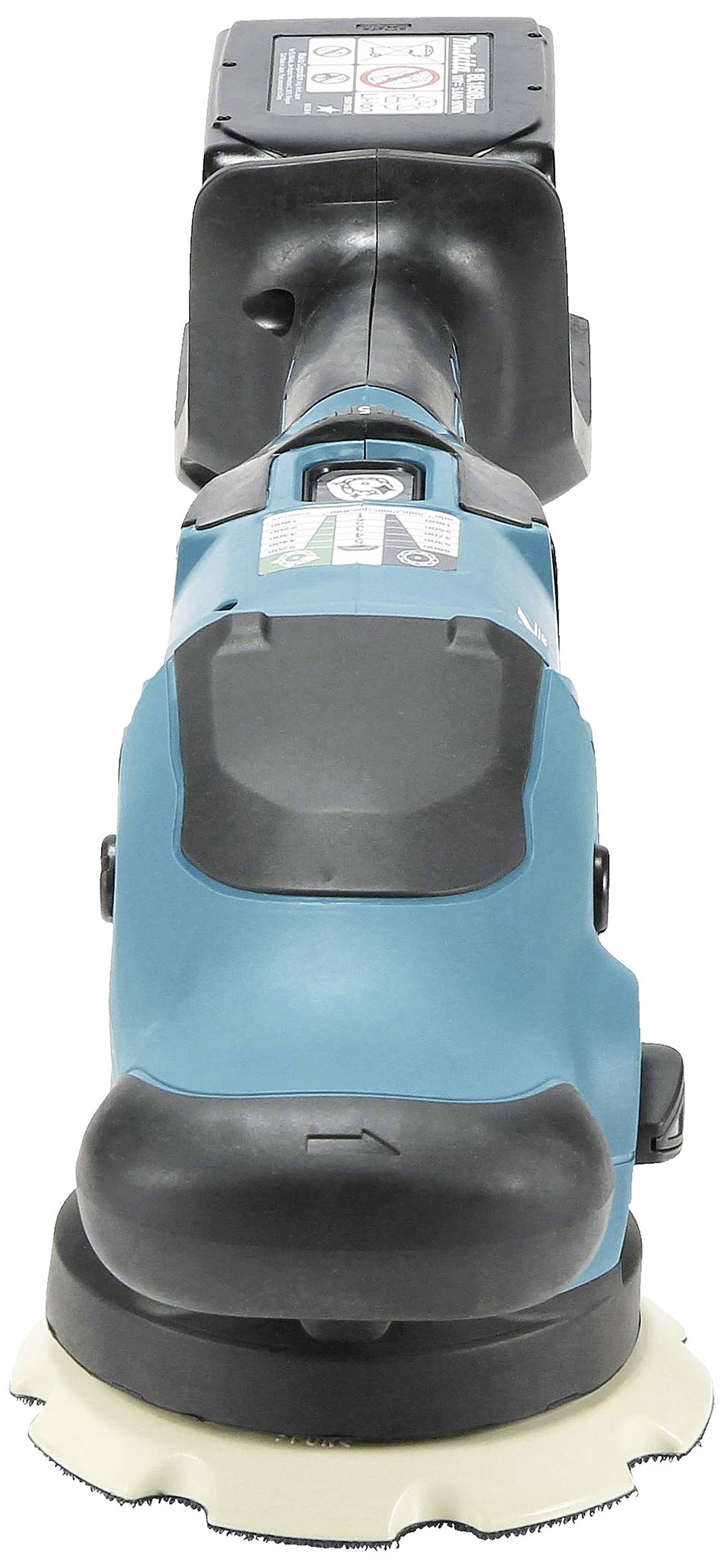 Kabelloser Bohrpolierer mit blauem Gehäuse und schwarzem Griff. Batteriefach oben. Geeignet für Polierarbeiten auf verschiedenen Oberflächen.