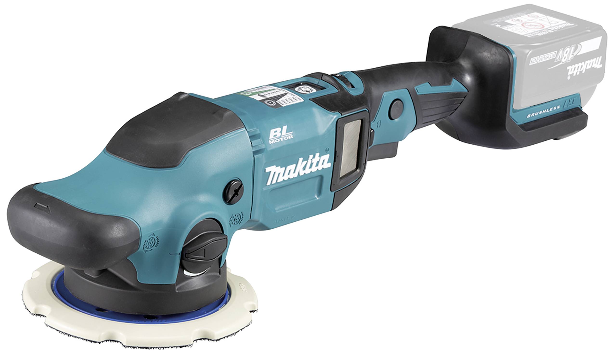 Kabelloser Winkelschleifer der Marke Makita mit blau-schwarzem Gehäuse und leuchtend weißem Schleifteller.