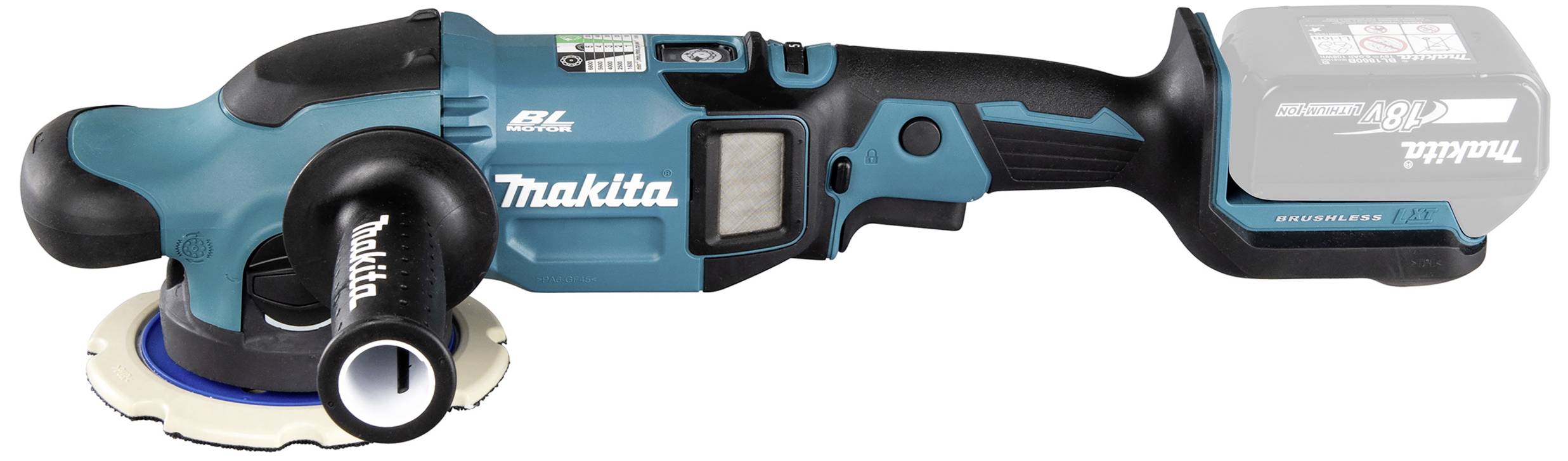Akku-Exzenterpolierer in türkis und schwarz mit ergonomischem Griff, LED-Anzeigen und abnehmbarem Akku auf der Rückseite.