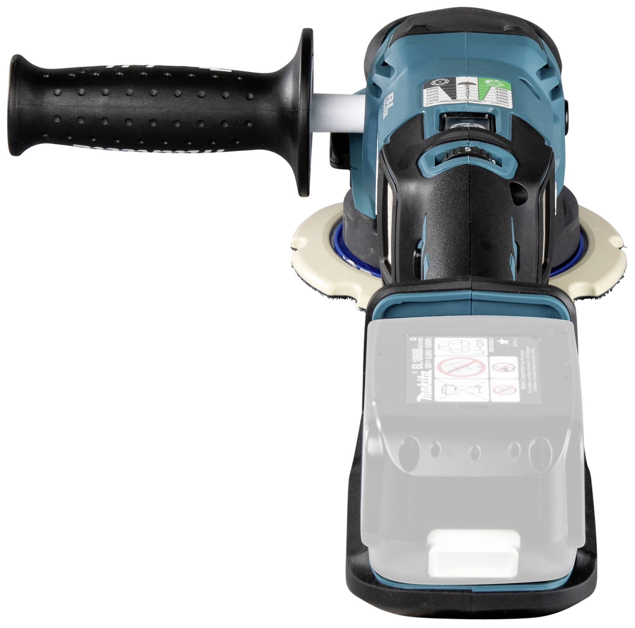 Akkubetriebener Winkelschleifer mit ergonomischem Griff, schwarzer Schutzabdeckung und blauer Gehäusefarbe.
