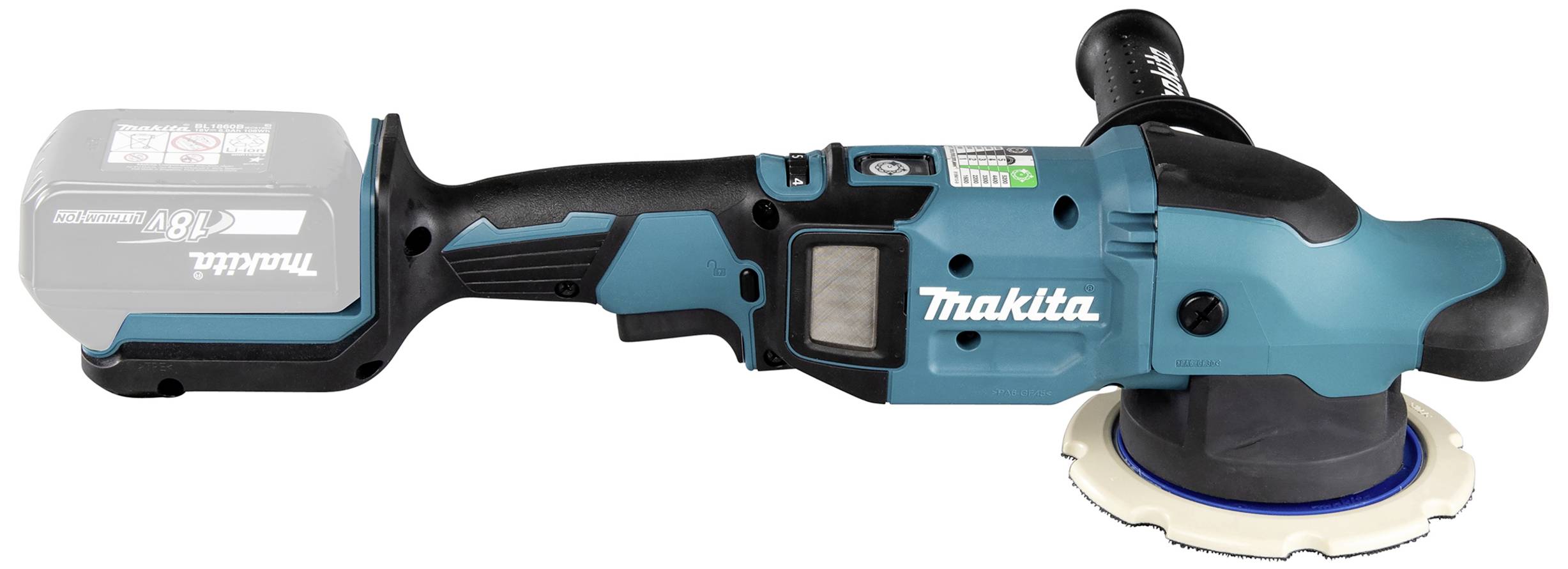 Eine blaue, kabellose Poliermaschine mit Akku. Sie hat einen ergonomischen Griff und eine weiß-blaue Polierscheibe.