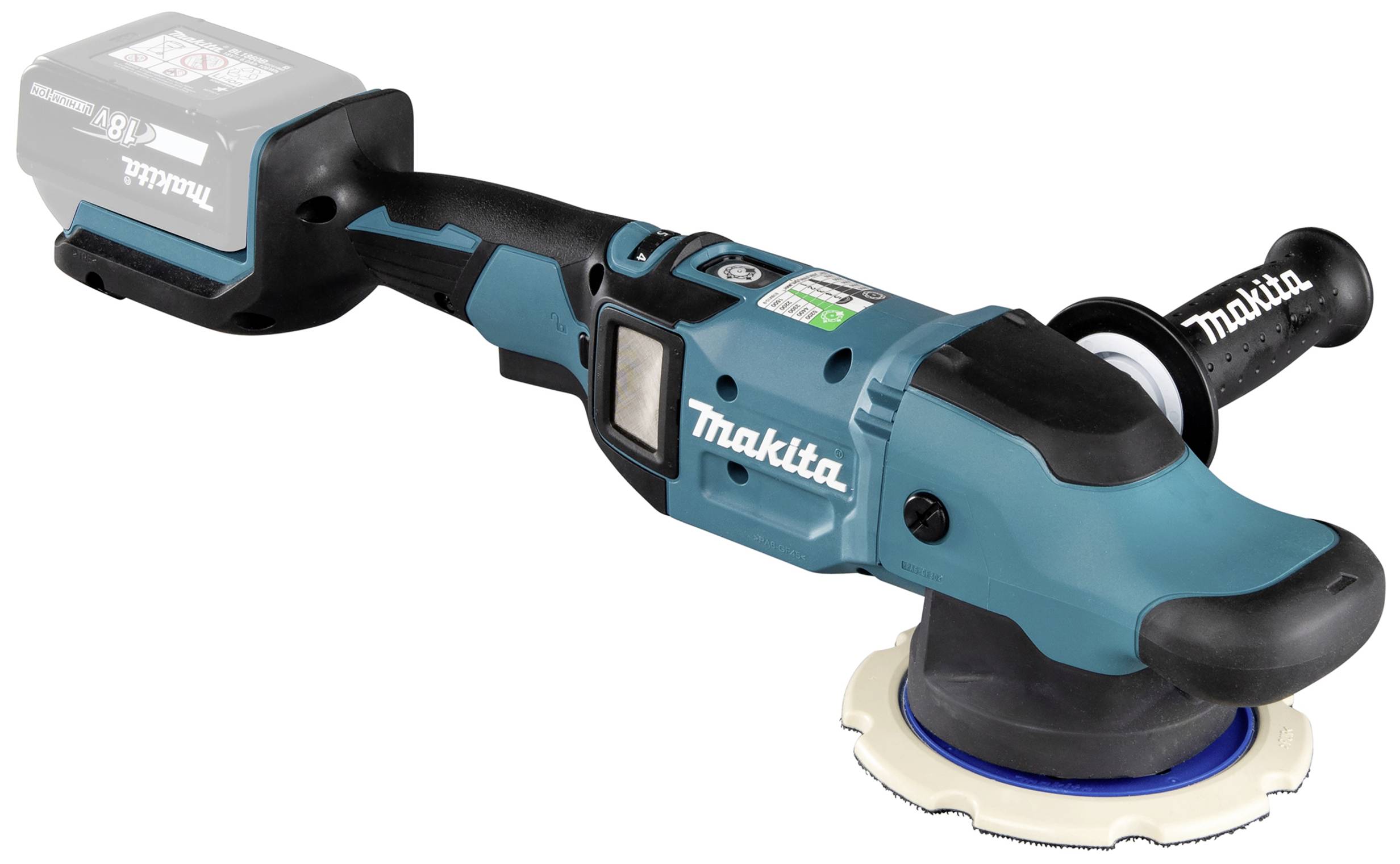 Eine blaue Makita-Akkupoliermaschine mit schwarzem Griff und flachem, rundem Polierkissen.