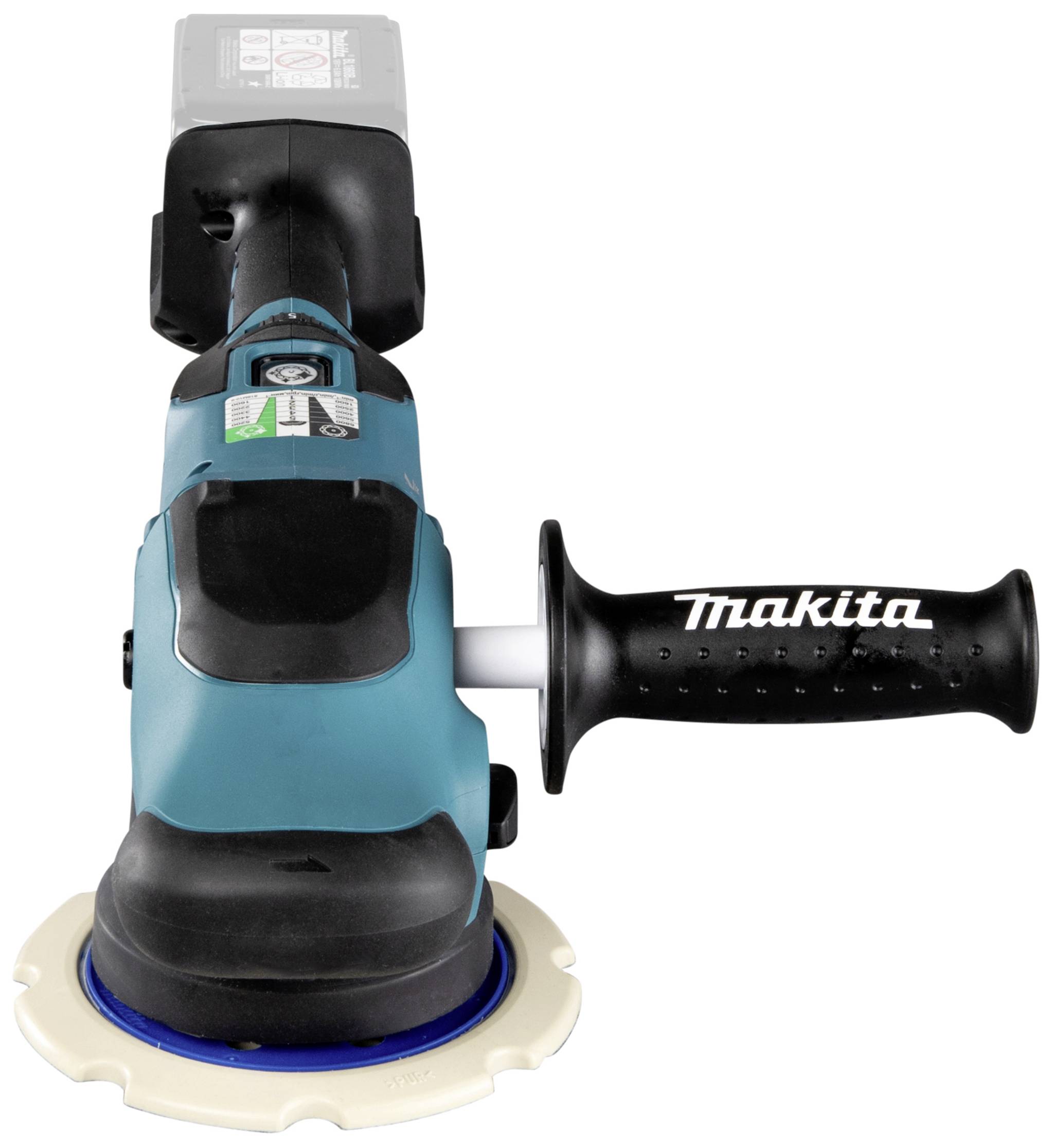 Akkubetriebene Makita-Poliermaschine in Blau mit schwarzem Griff, geeignet für das Polieren von Oberflächen.
