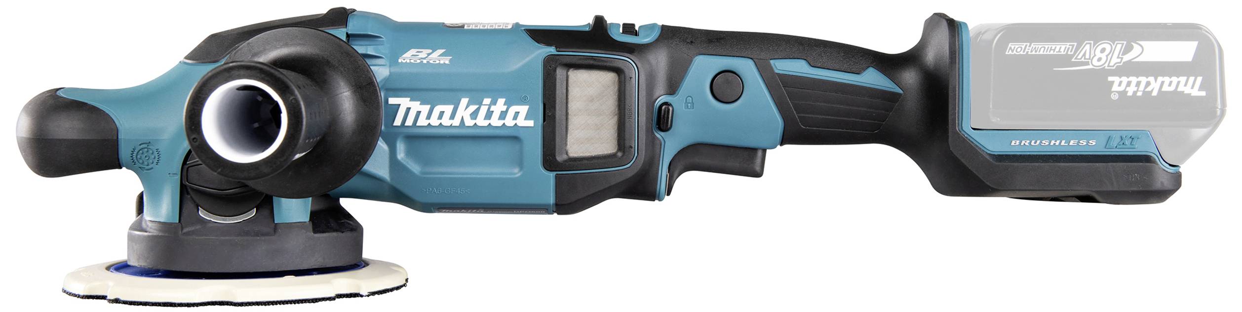 Akku-Poliermaschine mit ergonomischem Griff und Polierscheibe, Herstellername auf dem Gerät. Geeignet für Lack- und Oberflächenbearbeitung.