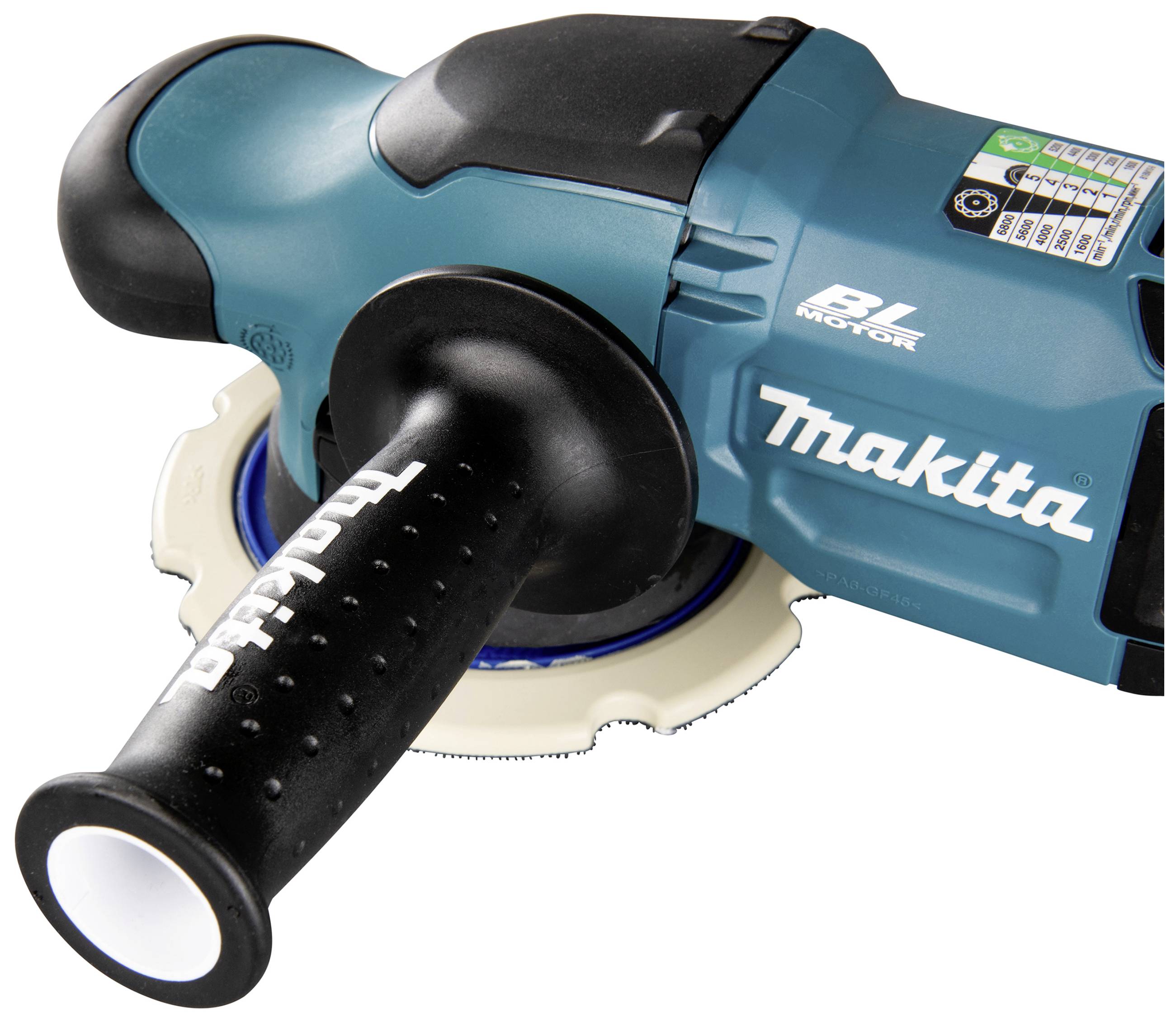 Ein Makita-Winkelschleifer mit blauem Gehäuse, schwarzem Griff und sichtbarem Etikett zum Energiemanagement.