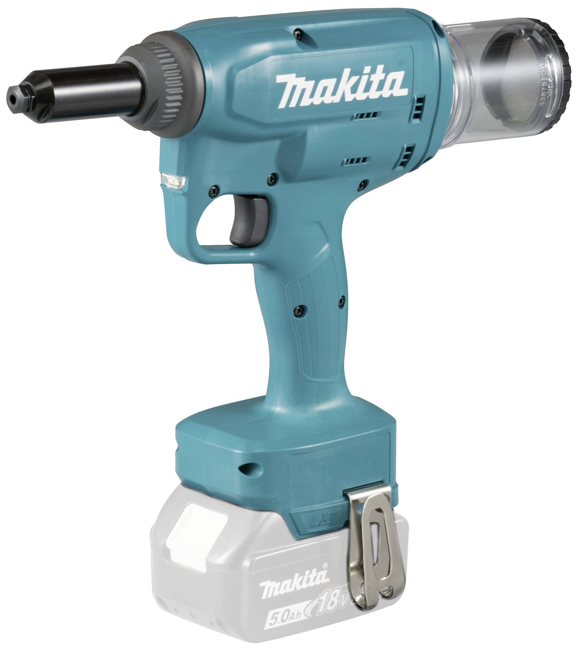 Ein kabelloser, blau-grüner 18-Volt-Akku-Blindnietsetzgerät mit ergonomischem Griff und abnehmbarer Staubfangkammer.