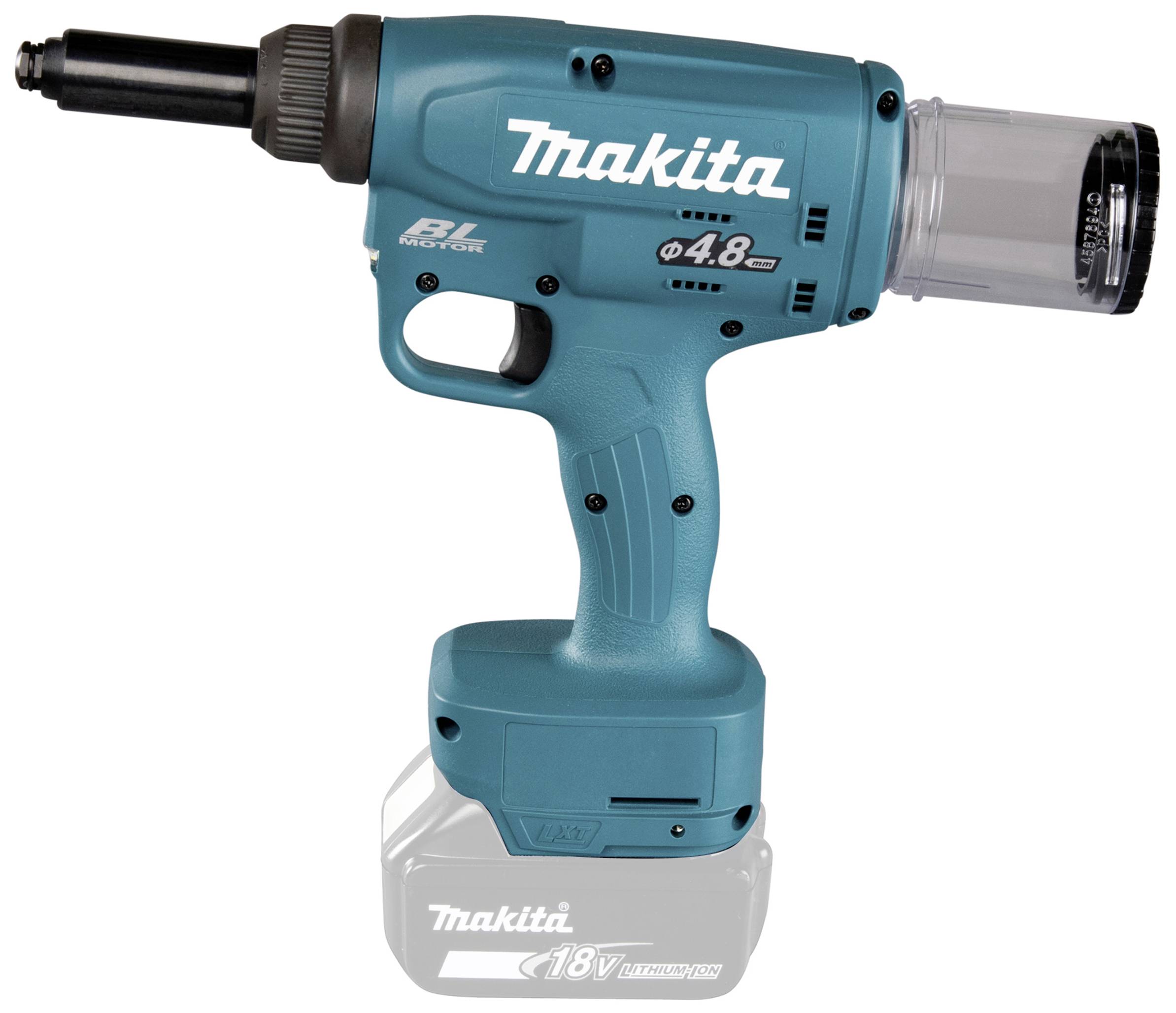 Ein kabelloser, blauer Nietpistole mit ergonomischem Griff, betrieben mit einem 18V Lithium-Ionen-Akku, zum industriellen Gebrauch.