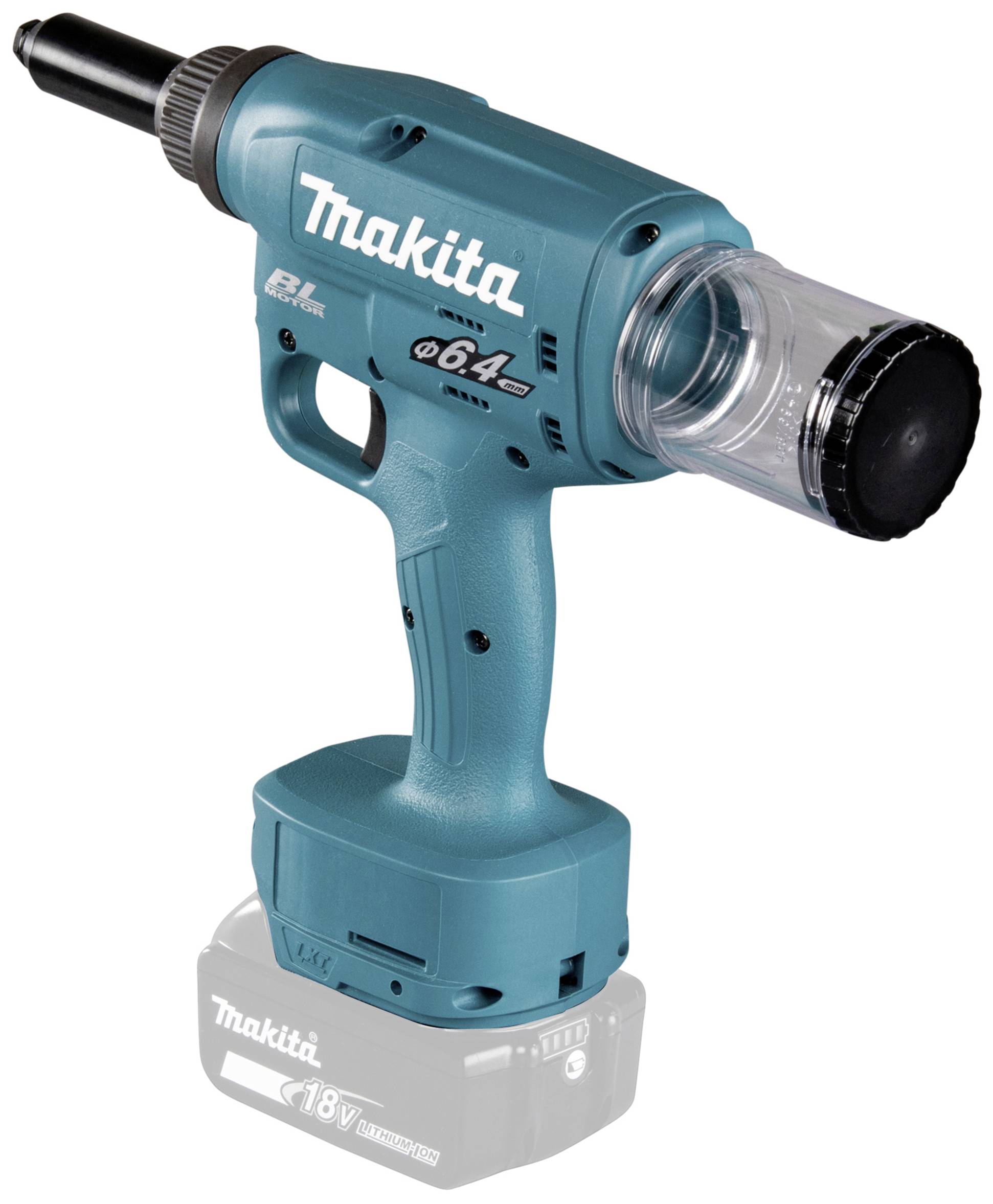 Akkubetriebener Nietenzieher in Blau von Makita, Modell 18V. Geeignet für professionelle Anwendungen in der Metallbearbeitung.