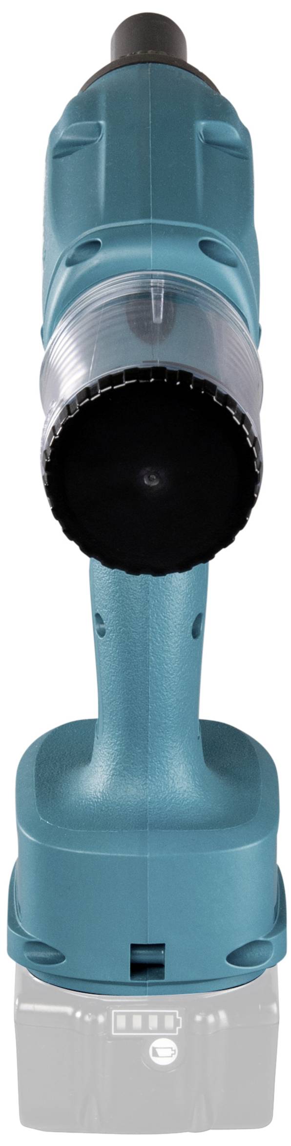 Ein kabelloser, aufrecht stehender Bohrschrauber in Türkis, von vorne gesehen.