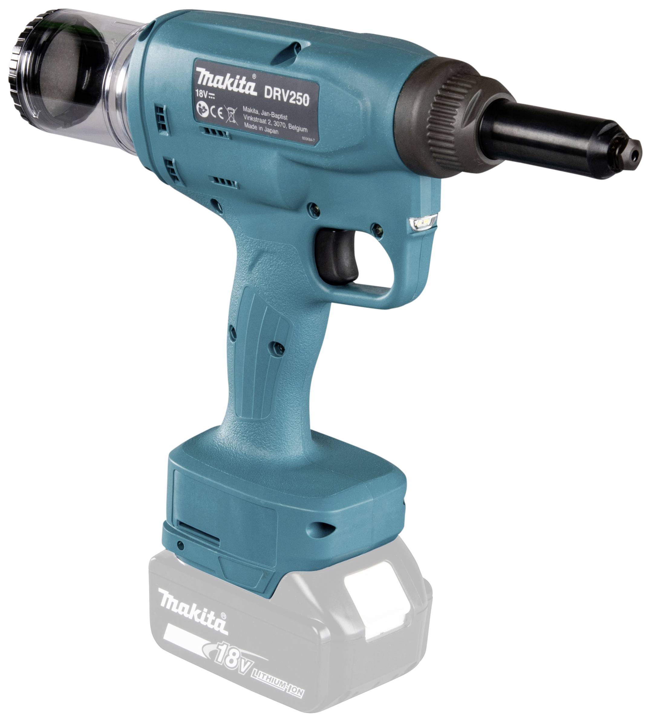 Ein türkisfarbener Akku-Nietsetzgerät der Marke Makita mit der Modellnummer DRV250 und einem 18V Akku ist abgebildet.