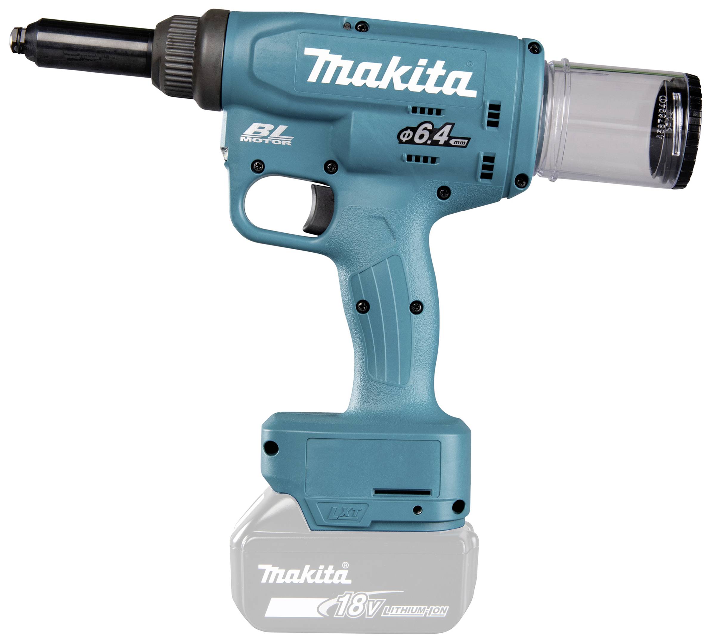 Ein kabelloser, blauer Makita Nietmaschine zeigt eine seitliche Ansicht. Markant sind die Marke und das 18V Lithium-Ionen Akkupack.