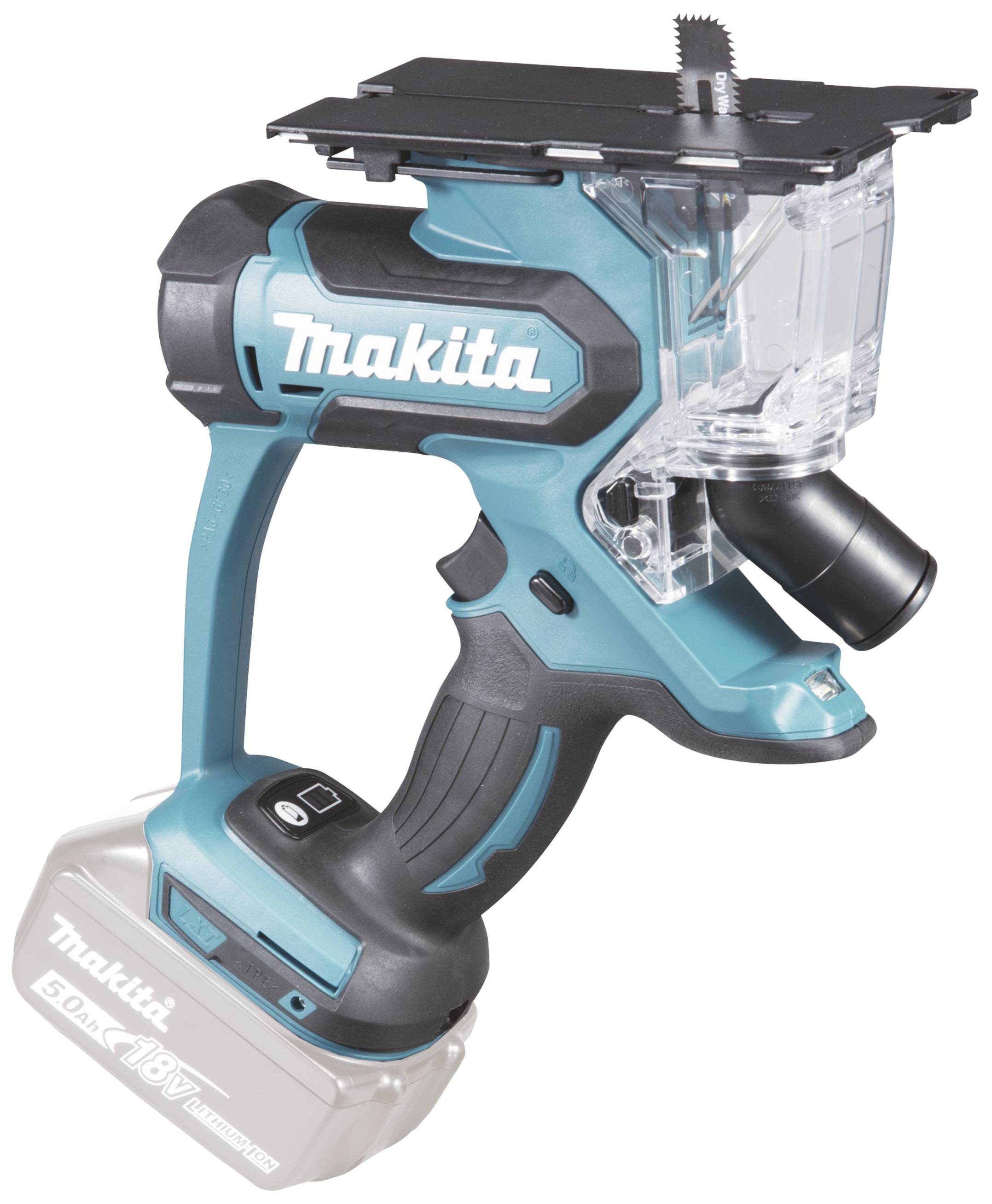 Ein Akku-Sägewerkzeug von Makita in Blau und Schwarz mit transparentem Schutzgehäuse und Batterieeinsatz unten.