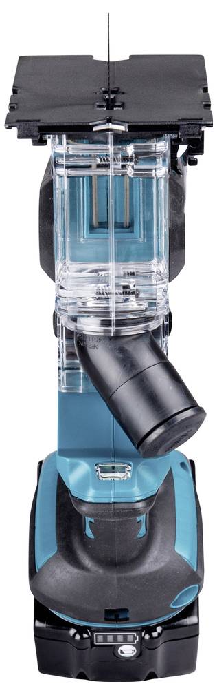 Ein handgehaltenes Elektrowerkzeug mit einem vertikalen, transparenten Abschnitt und einer schwarzen Basis, vermutlich für Schneid- oder Bohrtätigkeiten verwendet.