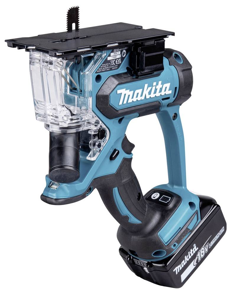 Kabelloser Makita Trockenbausäge mit 18V Lithium-Ionen-Akku, konzipiert für müheloses Schneiden von Trockenbauplatten und ausgestattet mit einem kompakten Design.