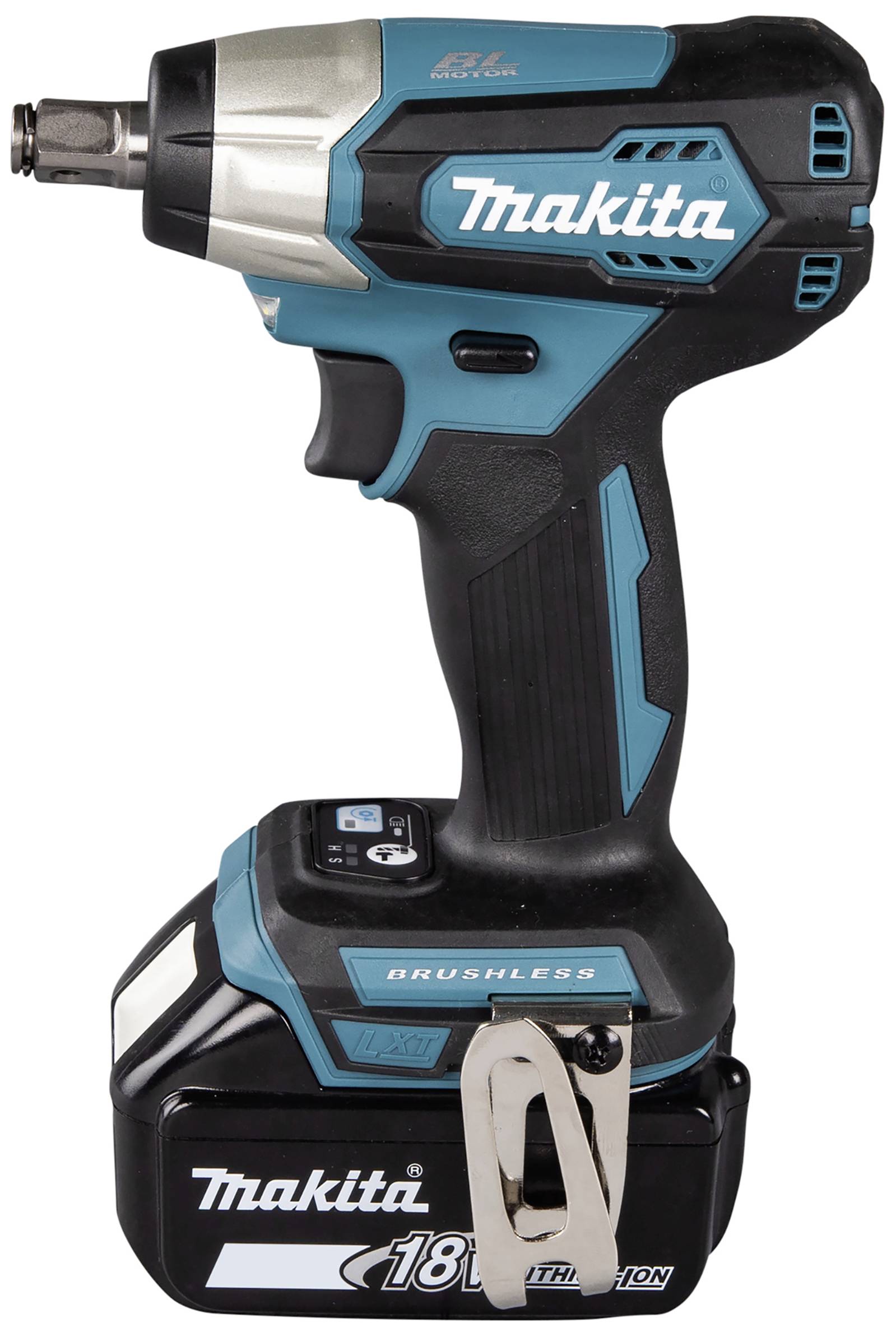 Akku-Schlagschrauber von Makita, schwarz-blau, mit ergonomischem Griff und 18V-Lithium-Ionen-Batterie.