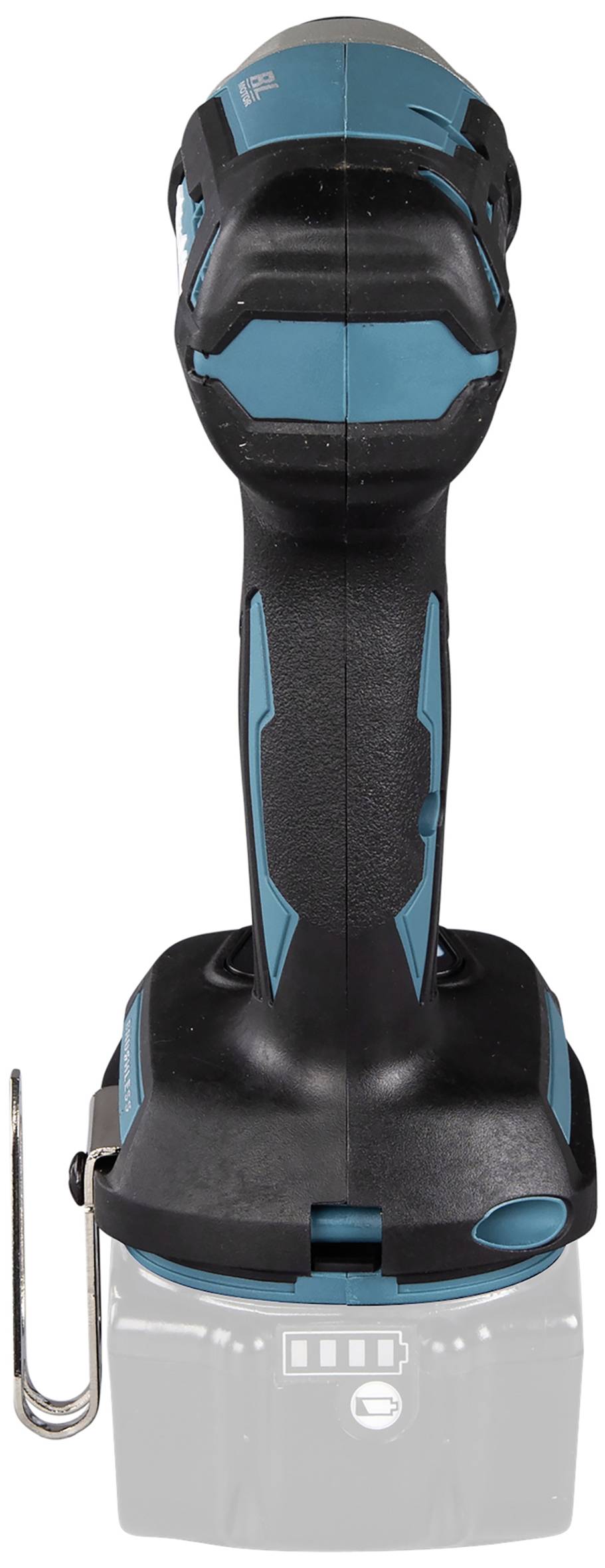Akkubohrmaschine in Schwarz und Blau, seitlich sichtbar.
