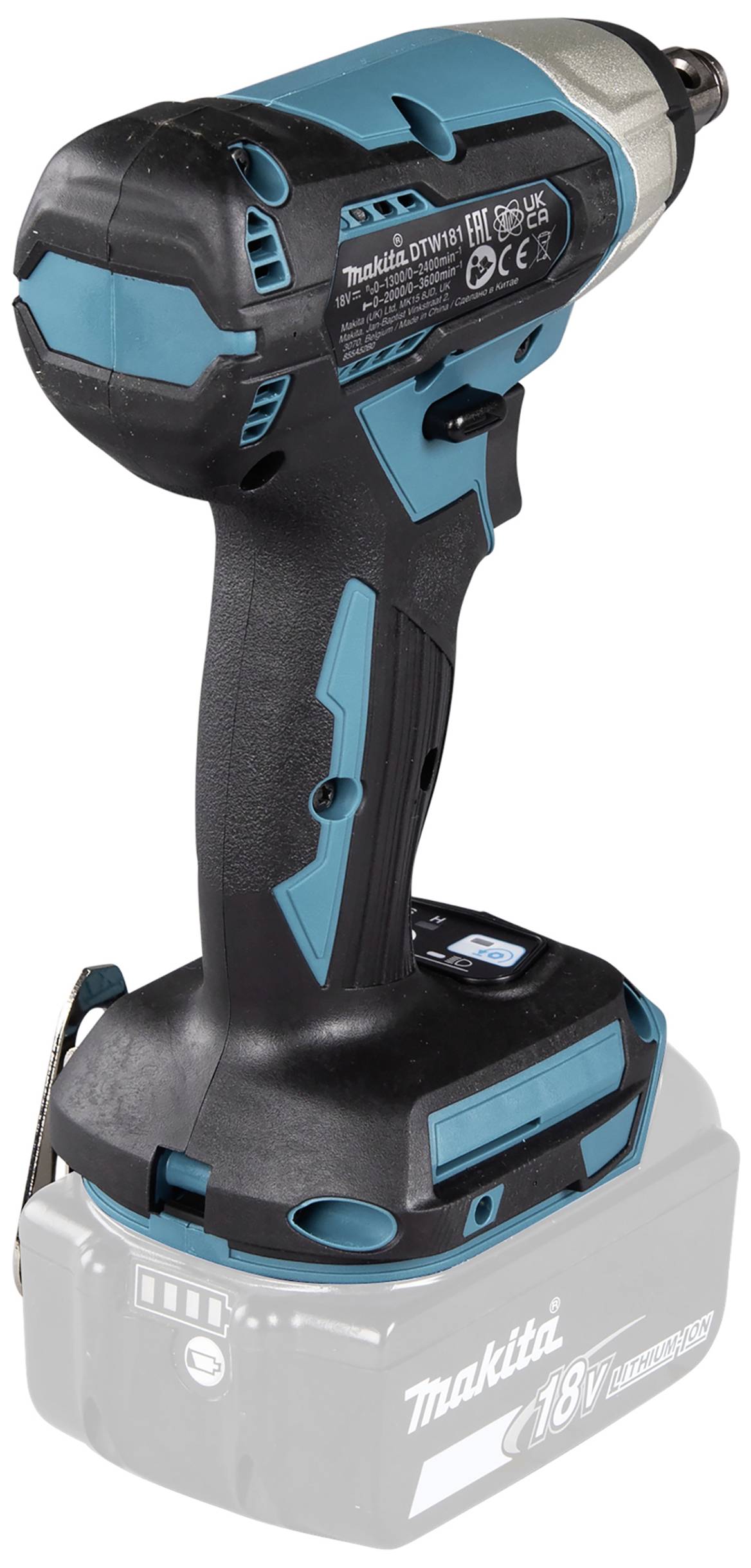 Akkuschlagschrauber in Schwarz und Blau, 18V, mit ergonomischem Griff und sichtbaren Bedienelementen. Markenname auf dem Akku.