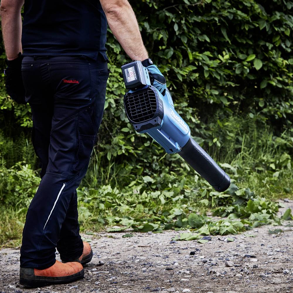 Eine Person bläst mit einem blauen Laubbläser auf einem steinigen Weg Blätter weg. Umgeben von grünen Pflanzen, trägt sie Arbeitshandschuhe.