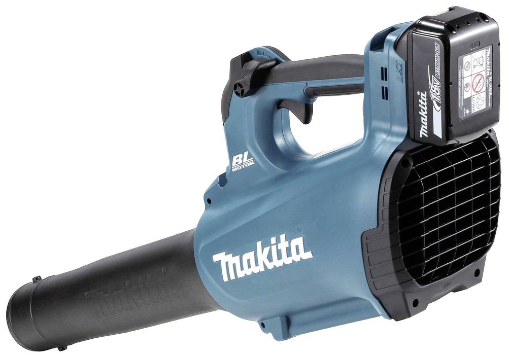 Akku-Laubbläser in Blau und Schwarz der Marke Makita, Modell DUB184, mit BL-Motor und 18V-Akku oben montiert.