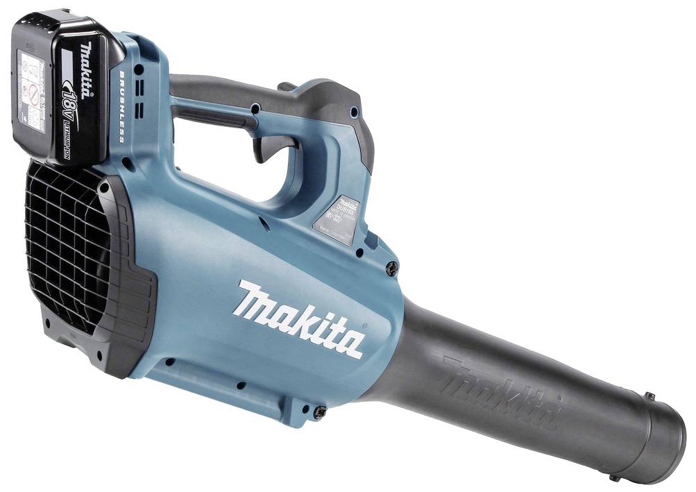 Ein kabelloser Laubbläser der Marke Makita in Blau und Schwarz. Er enthält einen Akku und ist für den Einsatz im Freien konzipiert.