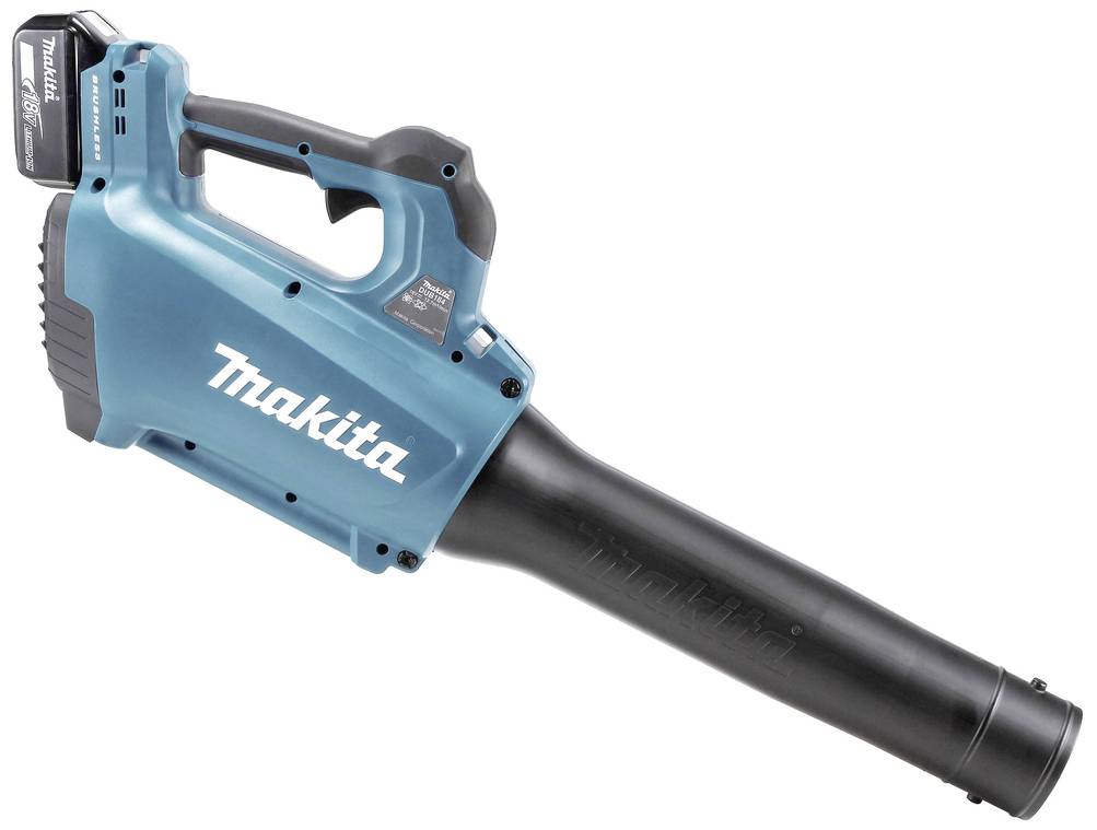 Akku-Laubbläser von Makita mit blauem Gehäuse und schwarzem Rohr, geeignet für Gartenarbeiten und Laubentfernung.