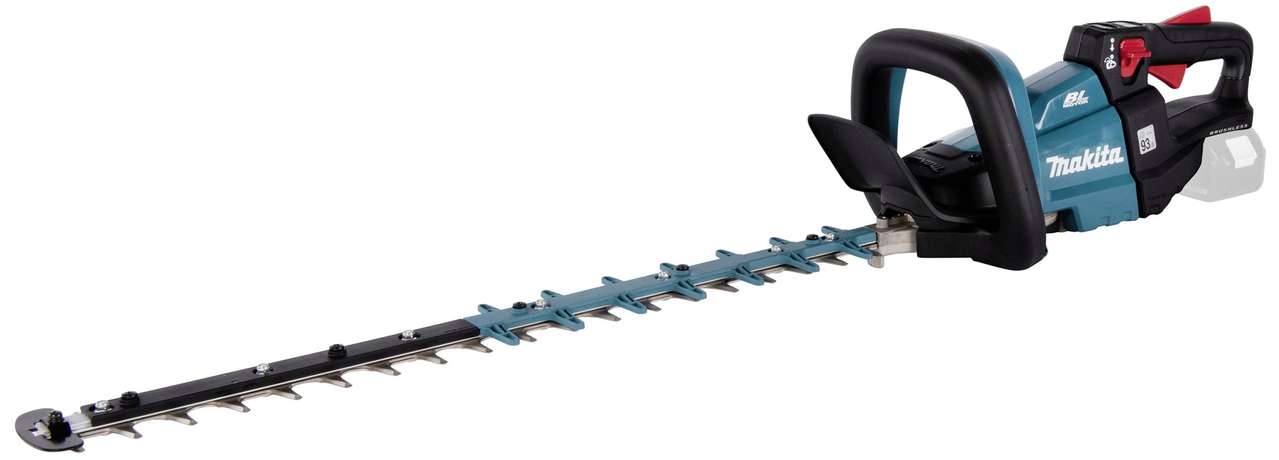 Eine kabellose Heckenschere mit einem langen, scharfen Schneideblatt und ergonomischem Griff, geeignet für Gartenarbeiten.