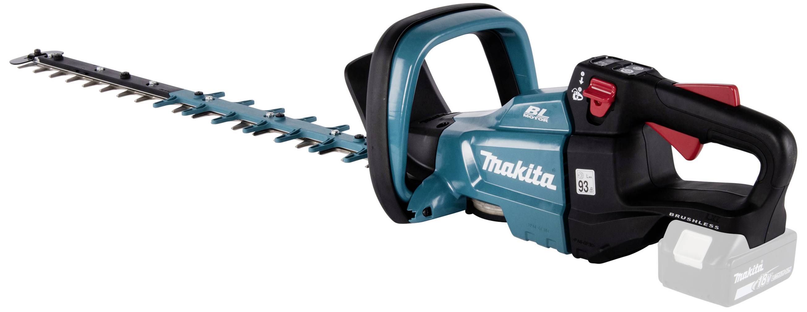 Eine blaue, akkubetriebene Heckenschere mit schwarzem Griff und rotem Sicherheitsschalter, markiert mit dem Schriftzug 'Makita'.