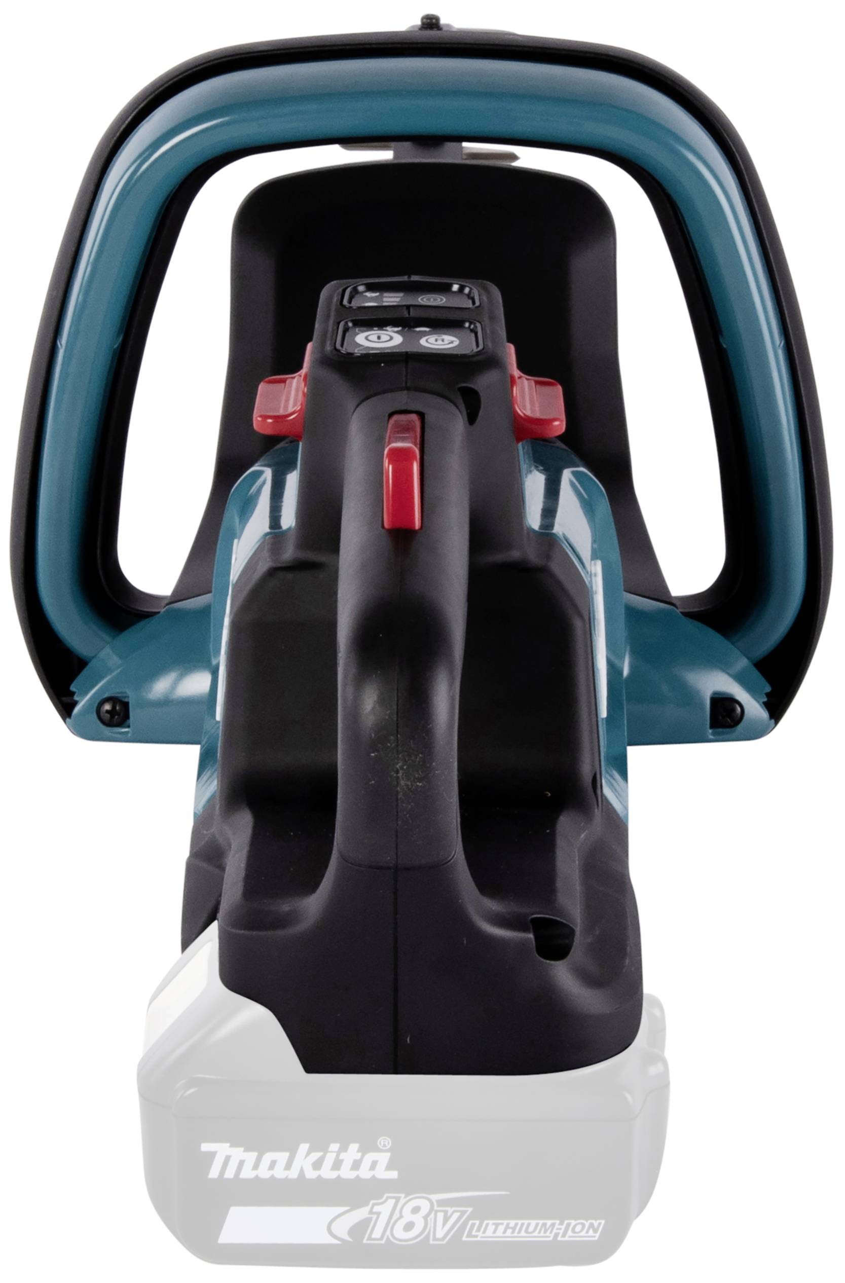 Kabellose Makita 18V Kettensäge in Schwarz und Grün, ohne Schwert und Kette, von vorne abgebildet.