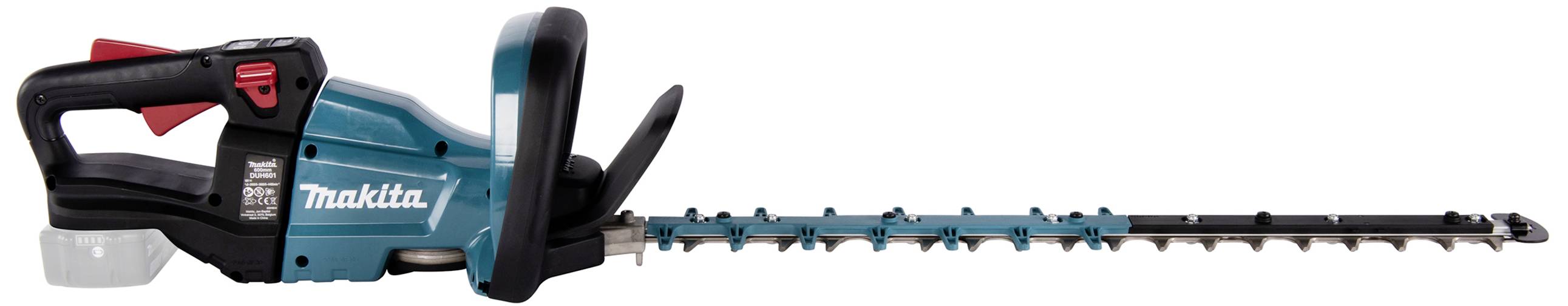 Akkubetriebene Heckenschere mit langem Schneidblatt, ergonomischem Griff und Sicherheitsschalter, geeignet für effizientes Heckenschneiden.