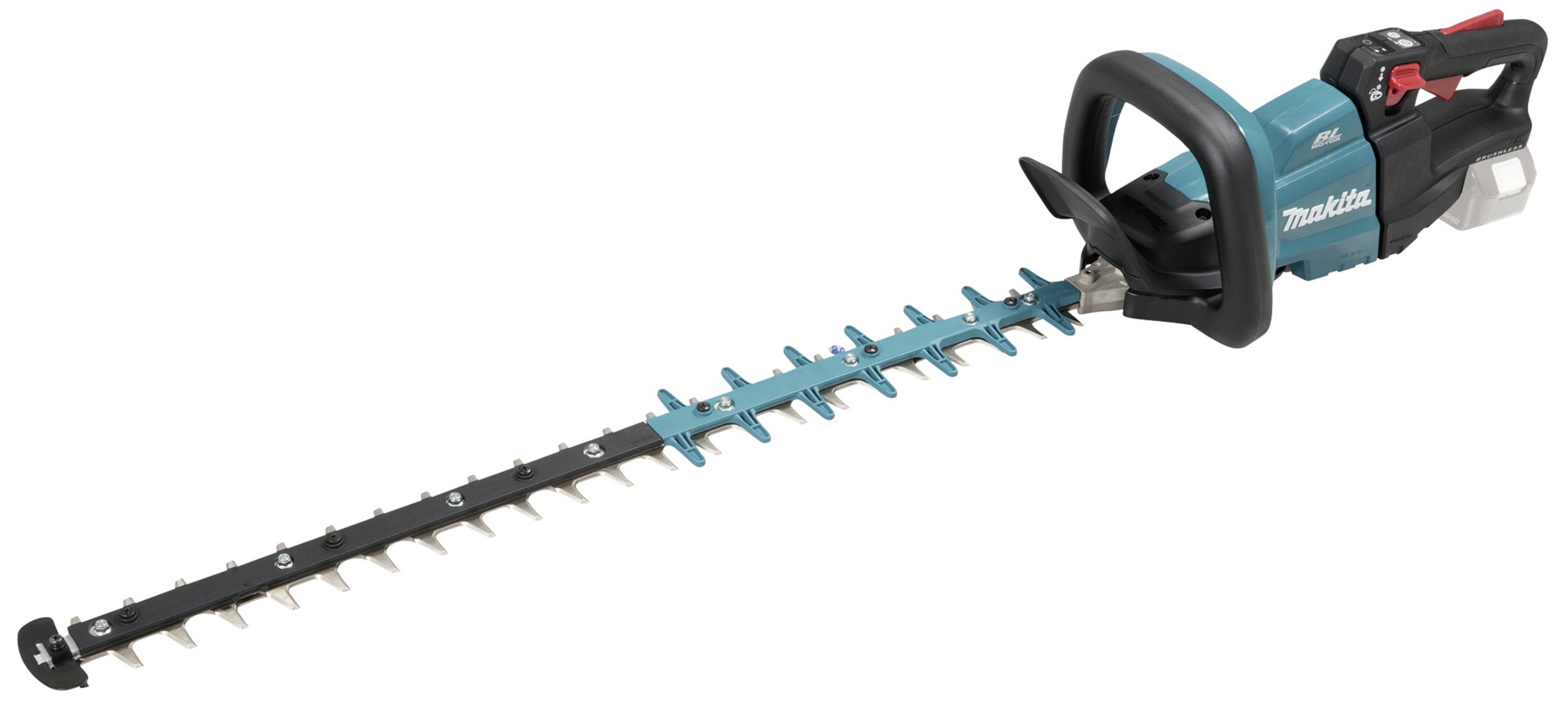 Eine akkubetriebene Heckenschere in Blau und Schwarz mit ergonomischem Griff und langer Klinge, geeignet für Gartenschnittarbeiten.