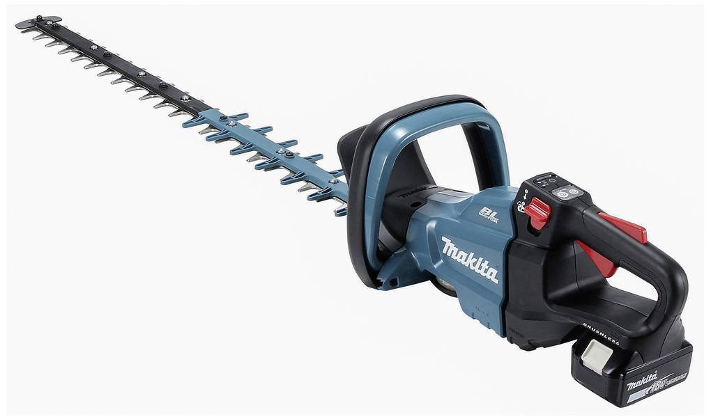 Kabellose Heckenschere mit blau-schwarzem Design, Markenname auf der Seite. Geeignet zum Schneiden von Hecken und Sträuchern.