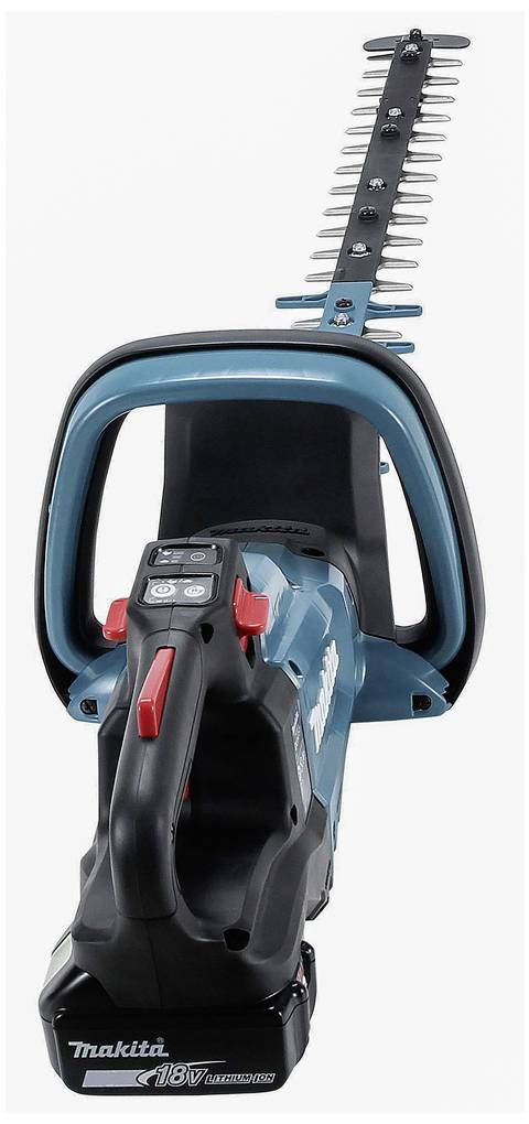 Elektrische Heckenschere von Makita mit 18V Akku, schwarzem Griff und silberner Klinge. Einsatzbereit für Gartenarbeiten.