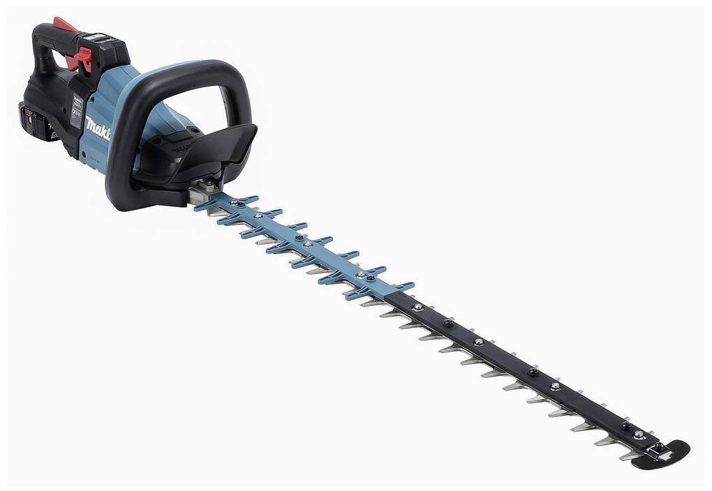 Eine blaue kabellose Heckenschere mit schwarzem Griff und silbernen Klingen.
