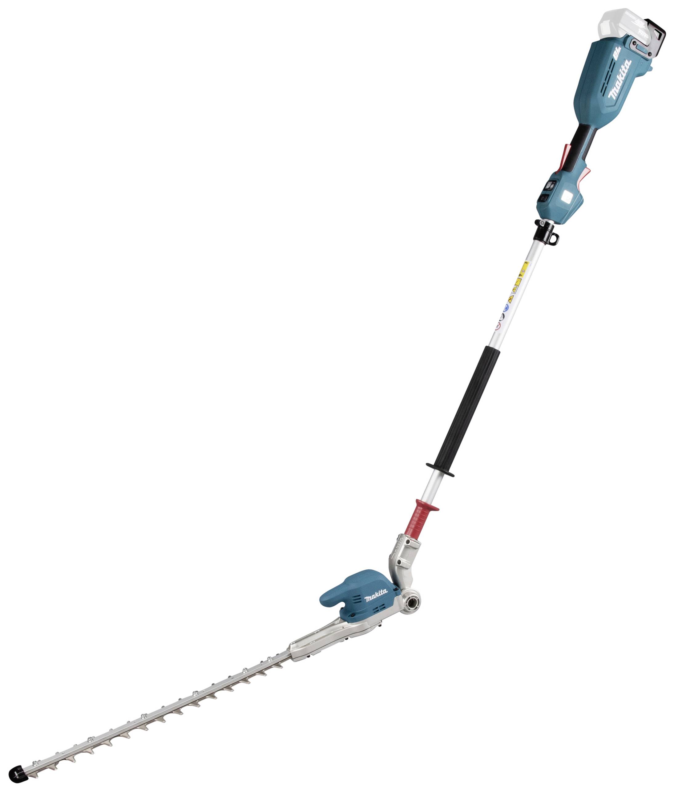 Elektrische Heckenschere mit langem Griff und verstellbarem Schneidekopf, geeignet für das Trimmen hoher Hecken.