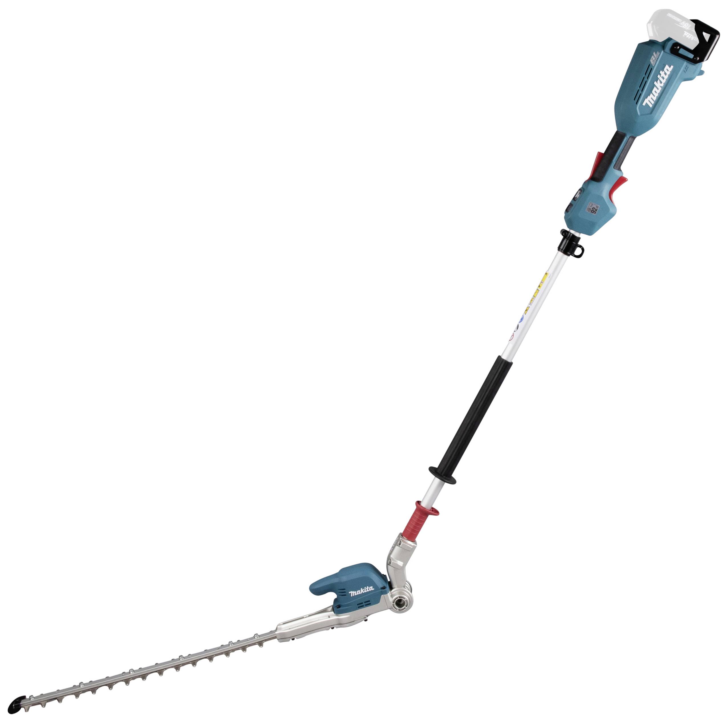 Eine lange, elektrisch betriebene Heckenschere mit einem blauen Griff und einem silbernen Schneidmesser. Sie ist für das Trimmen hoher Hecken geeignet.