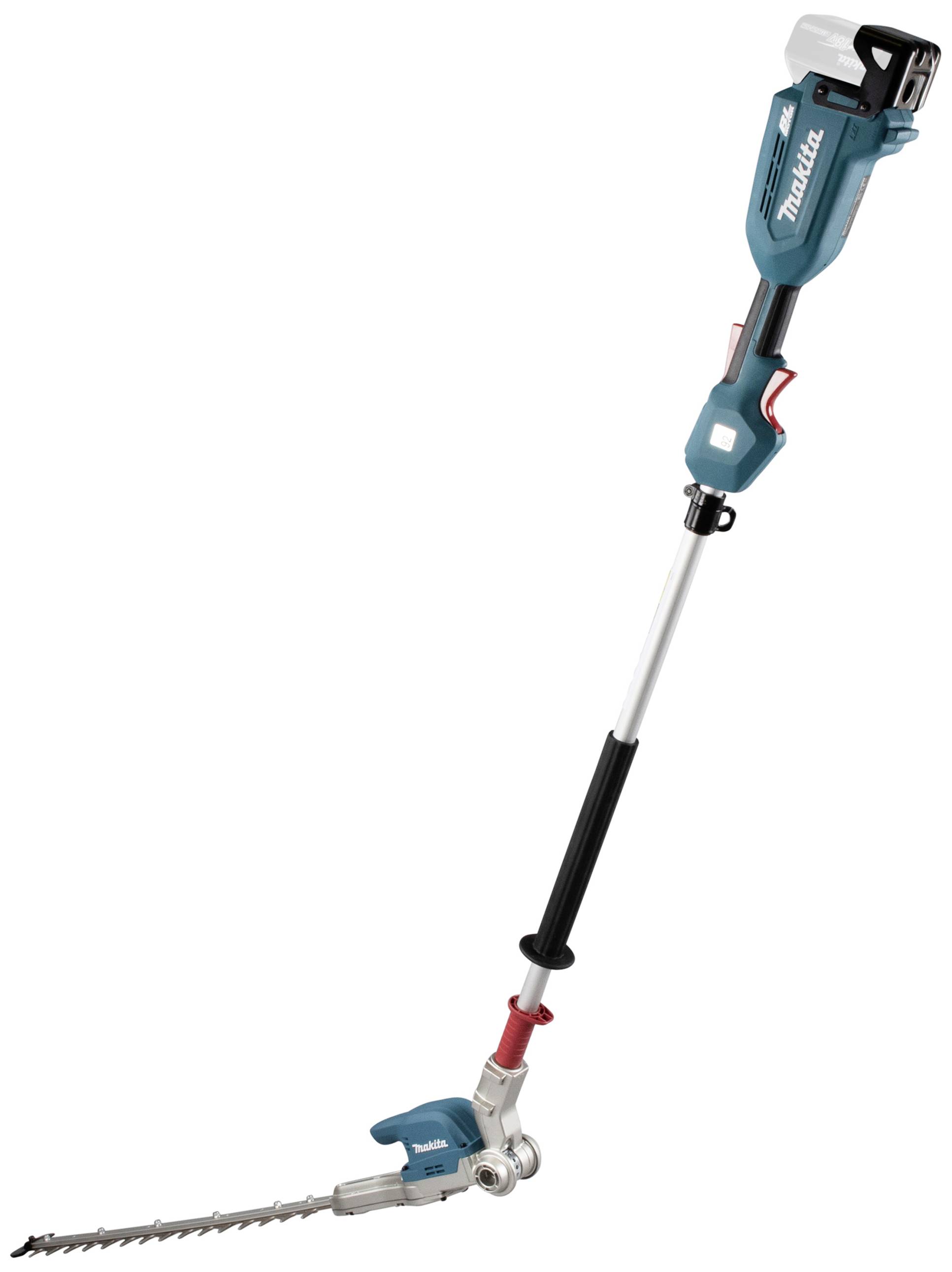 Elektrischer Teleskop-Heckenschneider mit blauem Gehäuse, langer Griff und scharfer Klinge, geeignet für hohe Hecken.
