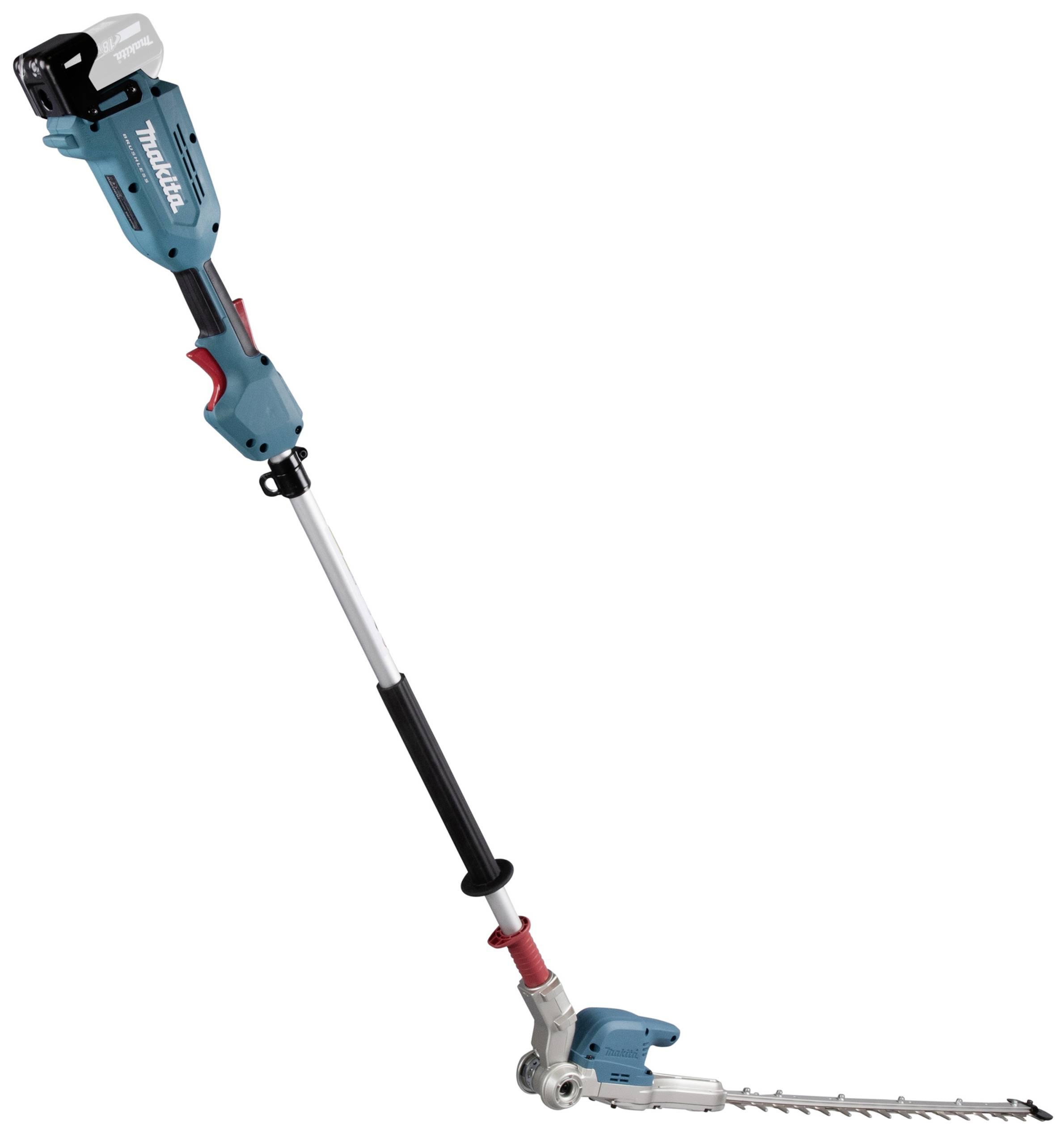 Teleskop-Heckenschere in blauer und schwarzer Farbe, mit einstellbarer Länge und rotierendem Kopf, geeignet für hohe Hecken.