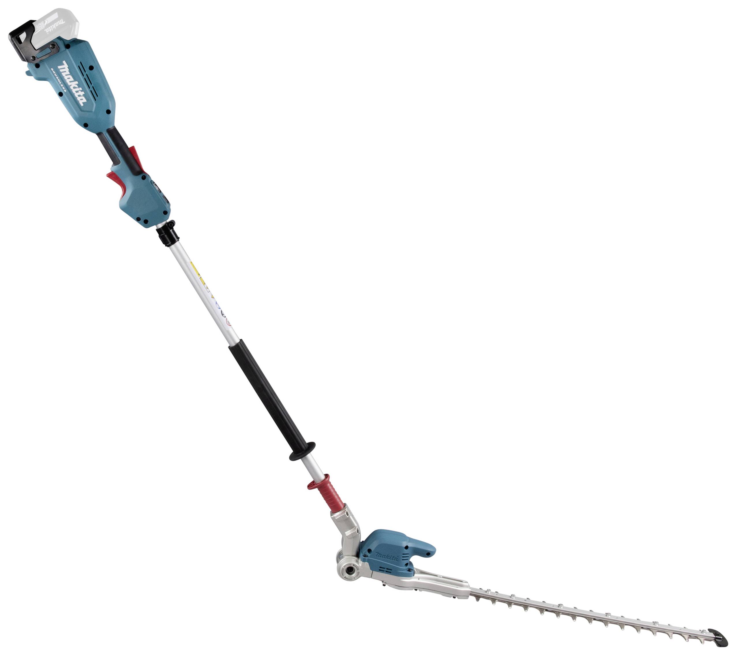 Ein blaues und schwarzes elektrisches Teleskop-Heckenschere-Werkzeug mit verstellbarem Schaft und langem Schneidmesser.