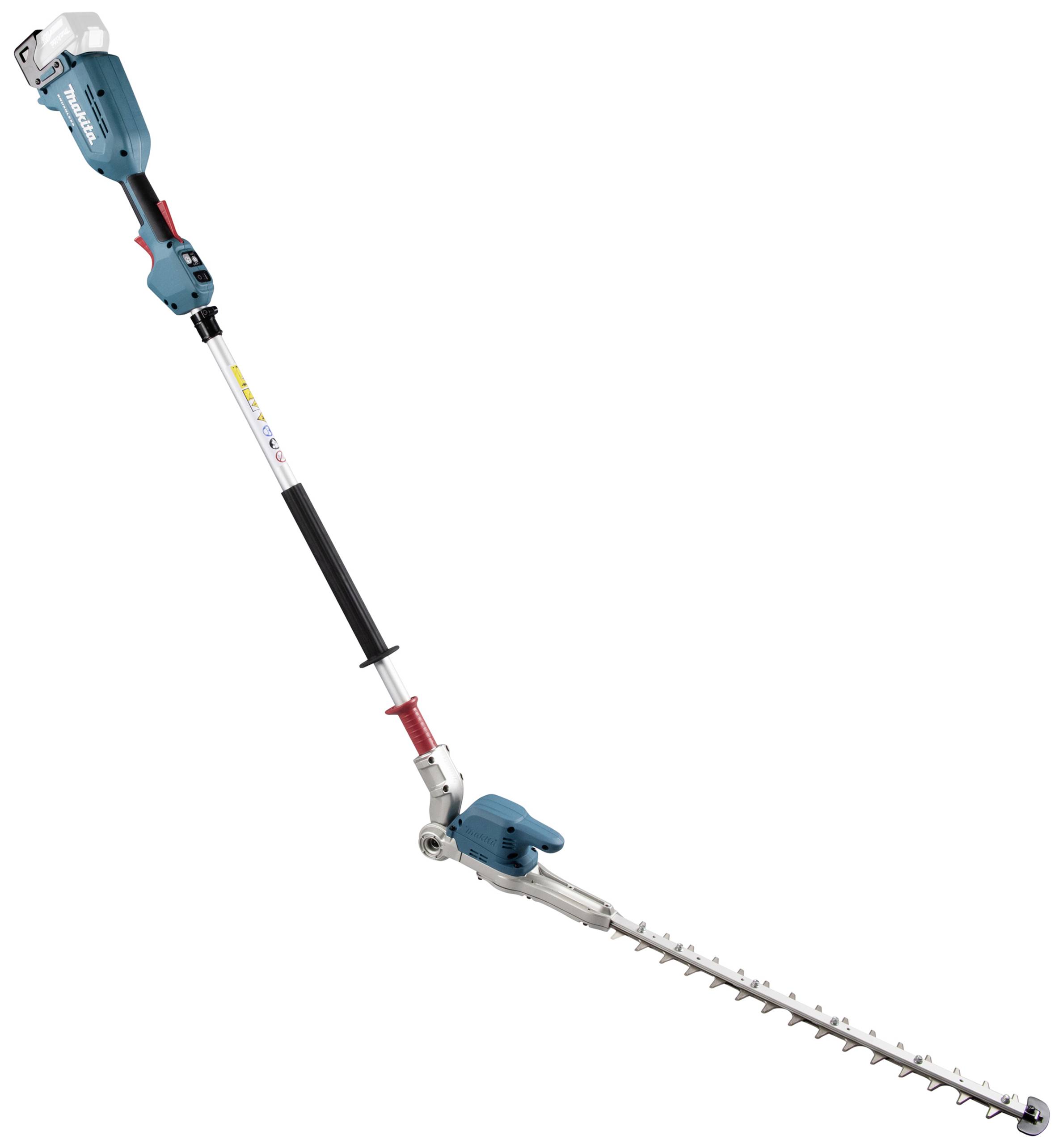 Akku-Heckenschere mit langem Griff und verstellbarem Schneidkopf. Hauptsächlich blau mit schwarzem und rotem Detail.