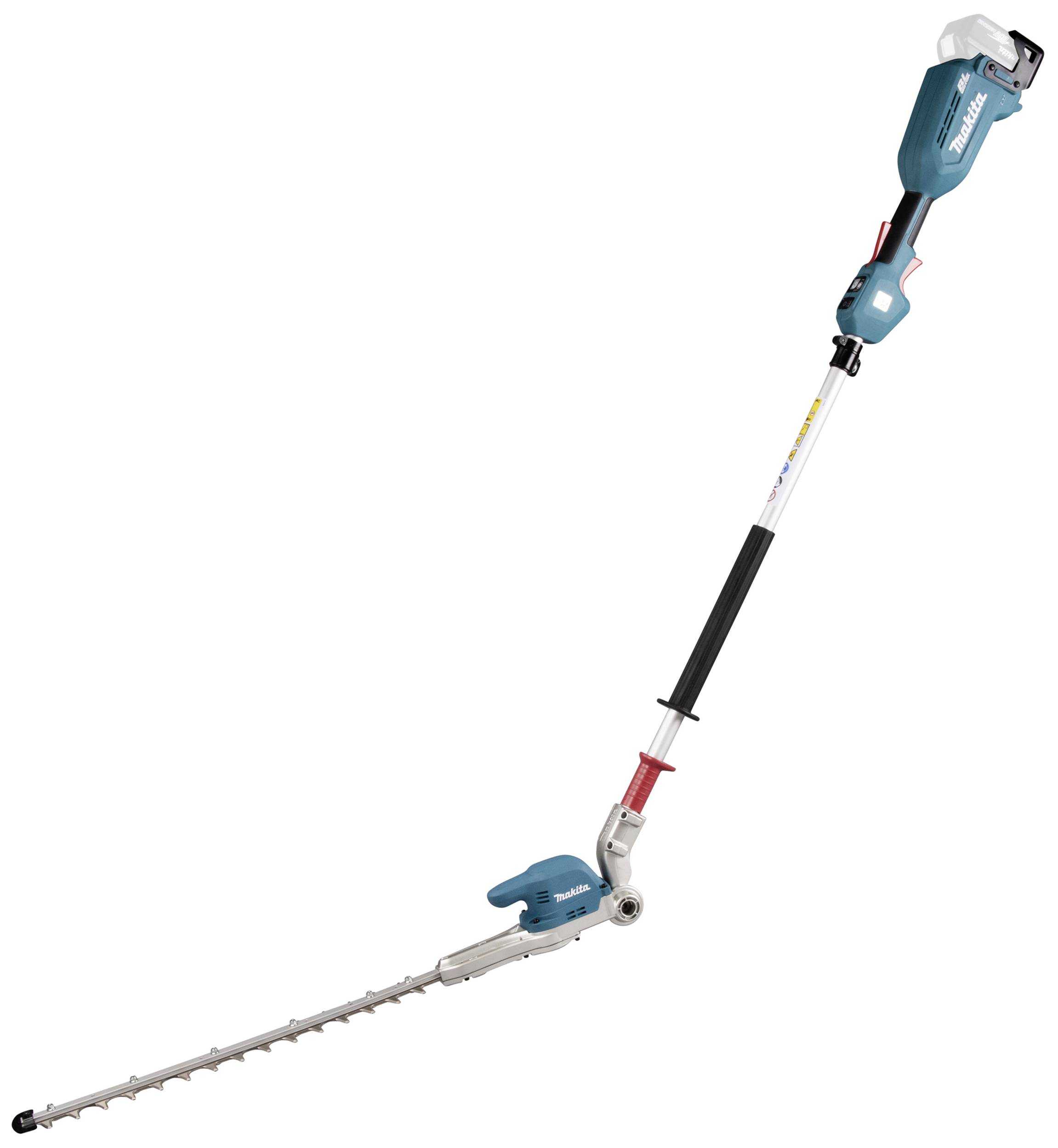 Hochentaster mit langem Griff und Schneidekopf, ideal für das Schneiden von Ästen in der Höhe. Elektrisches Modell in Blau und Grau.