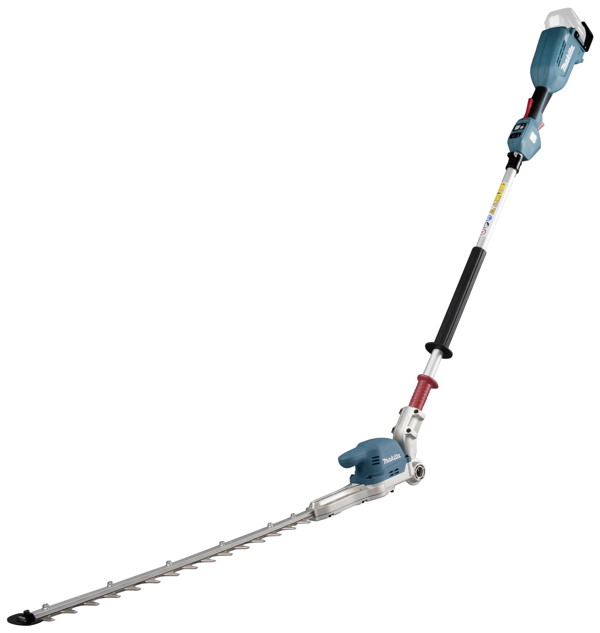 Langstieliger elektrischer Heckenschneider mit blauer Maschine und schwarzem Griff, geeignet zum Schneiden hoher Hecken.