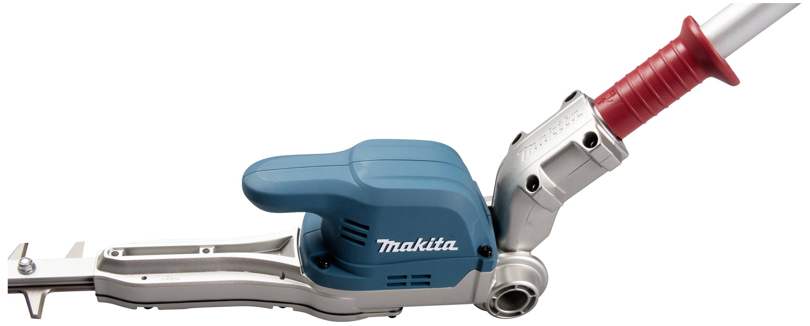 Elektrogerät mit blauem Gehäuse, rotem Griff und dem Markennamen 'Makita'. Geeignet für Bau- oder Gartenarbeiten.