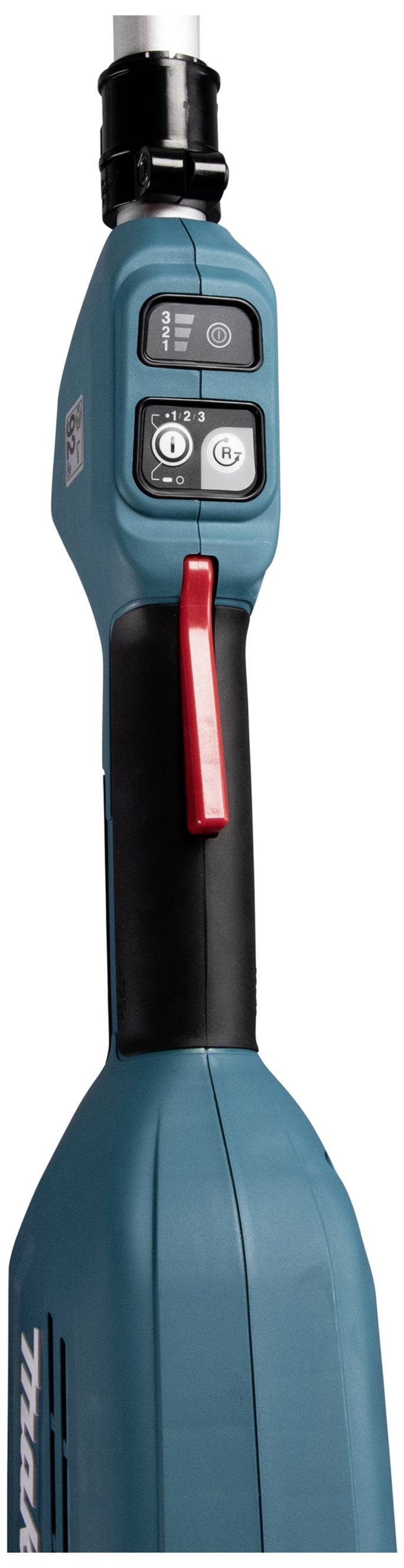 Akku-Bohrmaschine mit blauem Gehäuse, rotem Schalter und zwei schwarzen Tasten für Einstellungen; Werkzeug in Nahaufnahme.