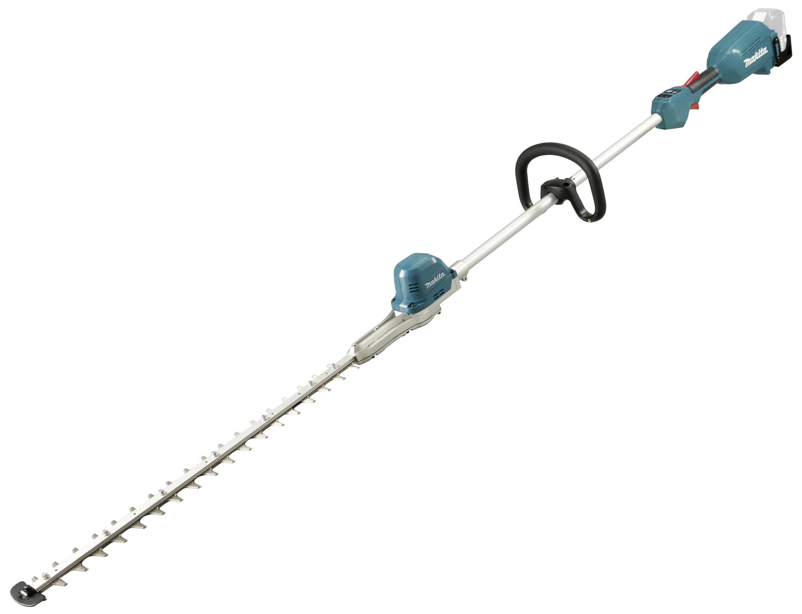Akku-Heckenschere mit langem Stiel, blaues Gehäuse und schwarzem Griff, geeignet für das Schneiden hoher Hecken im Garten.