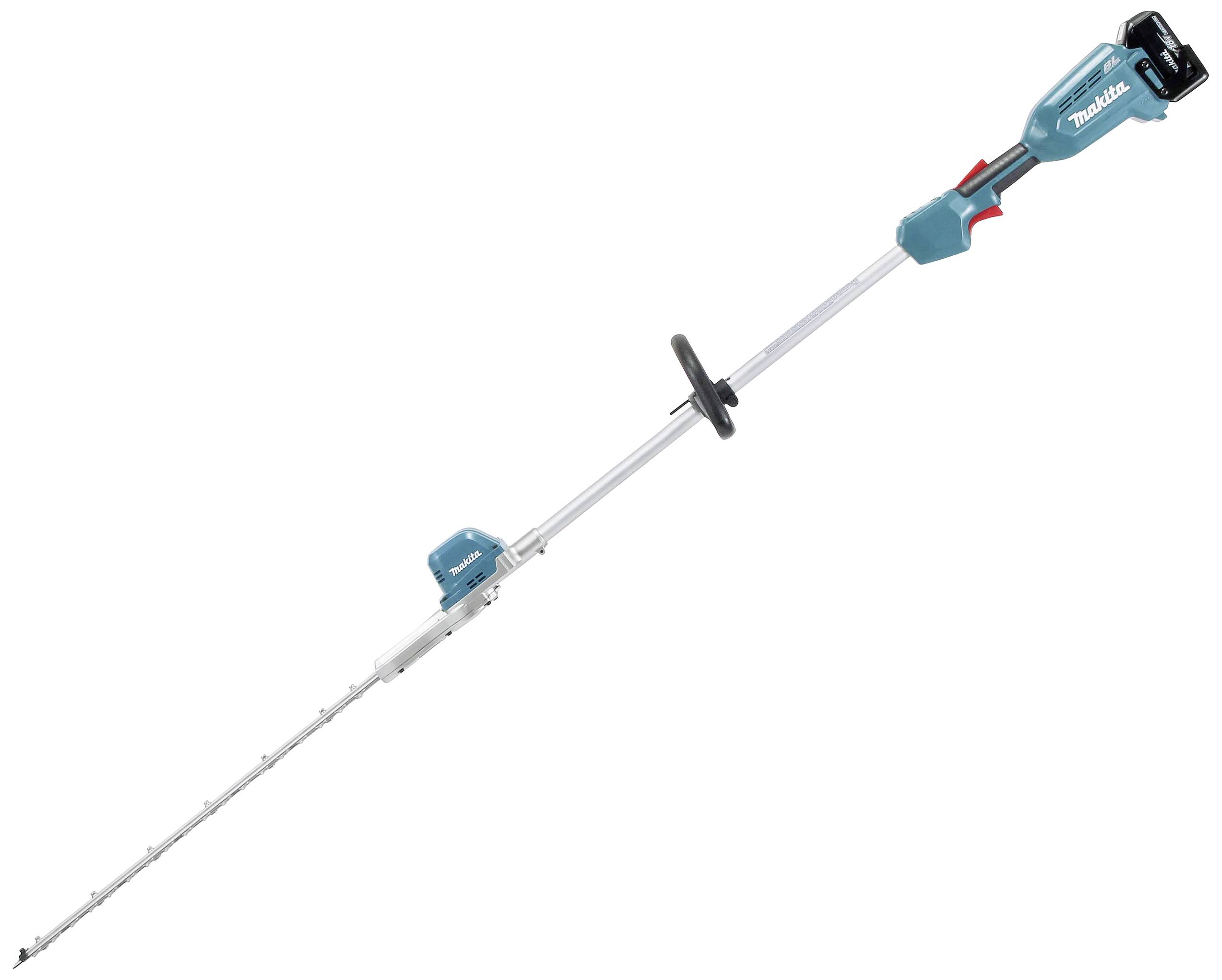 Akku-Heckenschere mit langem, schmalem Schneidbalken und ergonomischem Griff, geeignet für präzise Pflege von hohen Hecken.