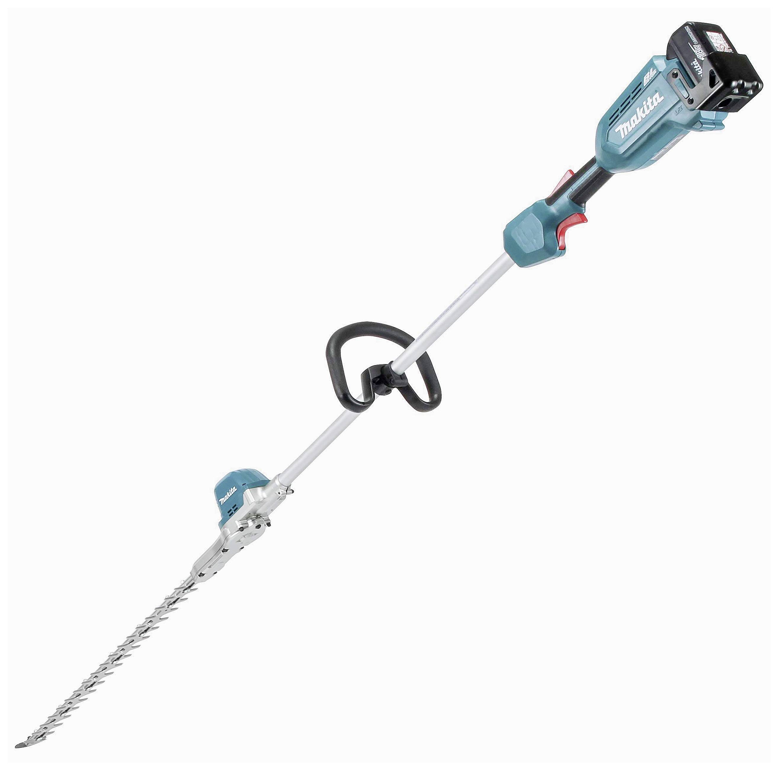 Kabelloser Heckenschneider mit langem Griff, blauem Gehäuse und schwarzem Griff. Ideal zum Trimmen hoher Hecken.