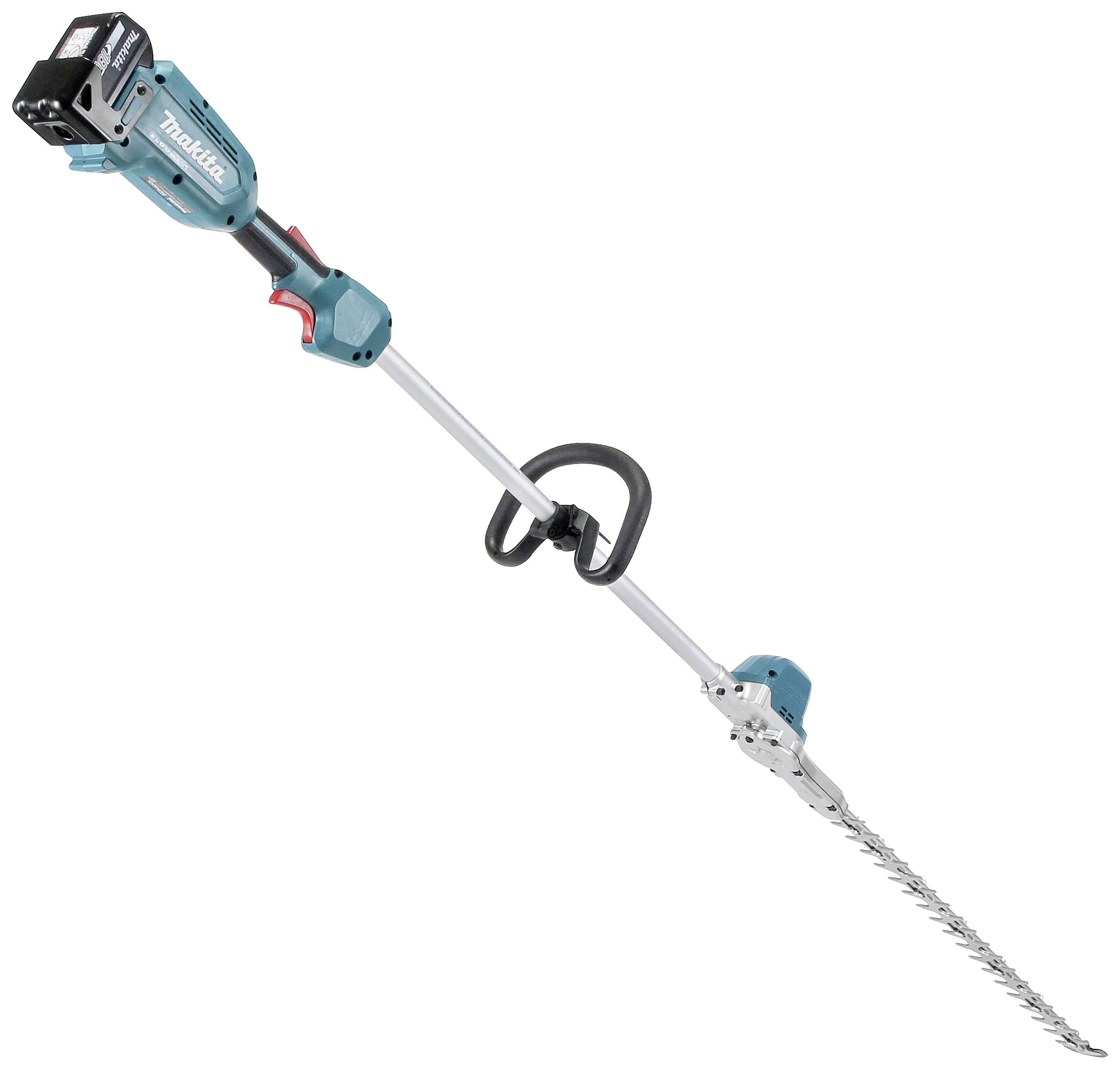 Ein blauer und schwarzer Makita Heckenschneider mit einem langen Griff und einer Schneidklinge am Ende.